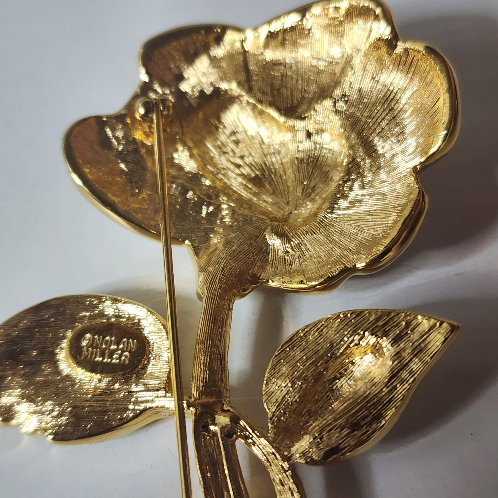 Vintage Nolan Miller Large Brooch Pin Pave Rose Flower Gold Tone & Rhinestones
