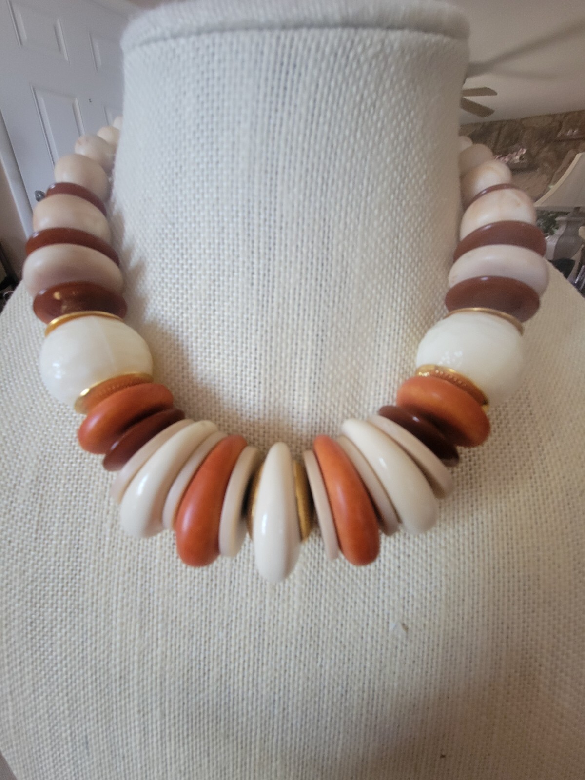 VTG NAPIER Large Beaded Necklace Cream, Orange, Brown W/Gold Tone Accents Signed