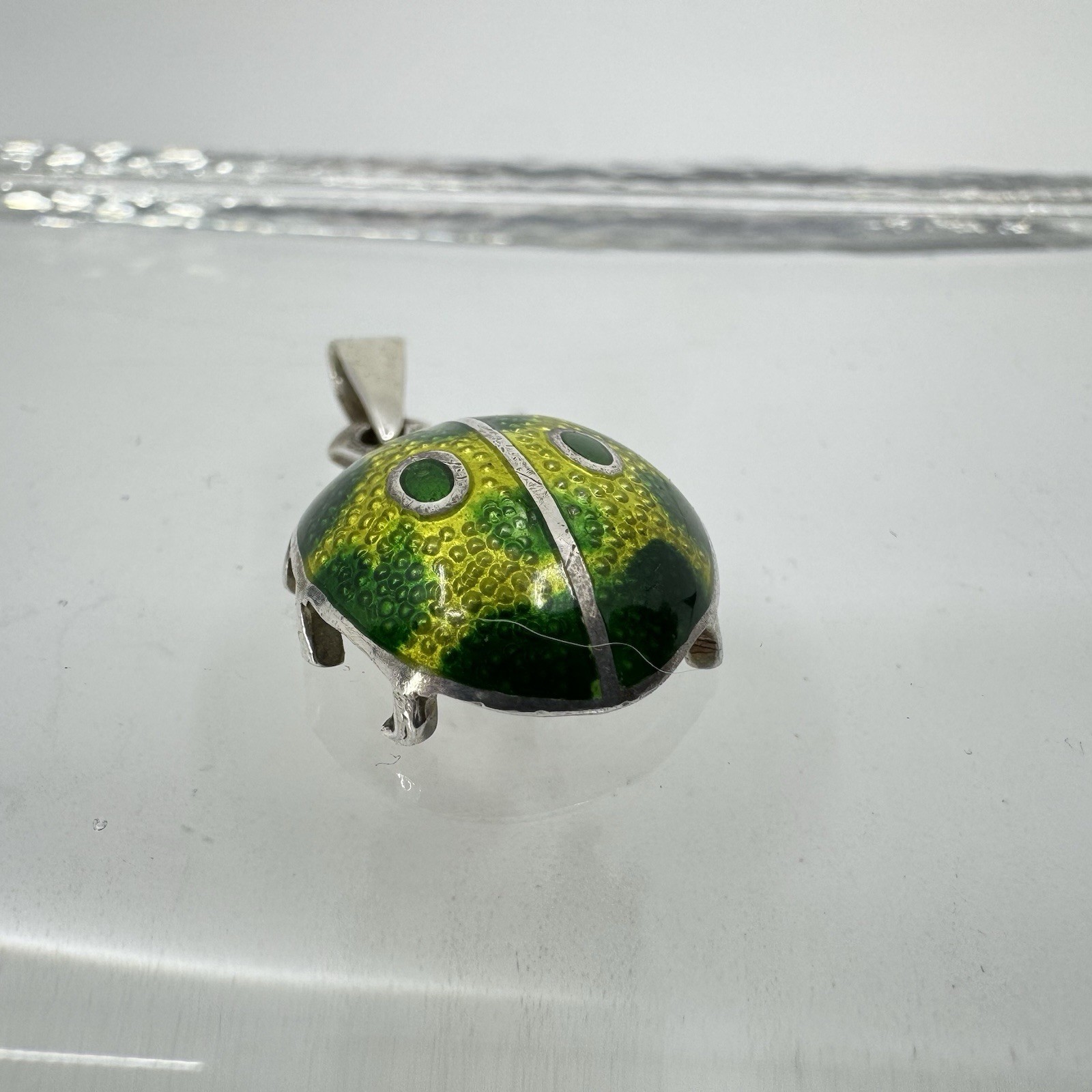 Sterling Silver 980 Bright Green Yellow Beetle Bug Pendant Signed A. Maya Mexico