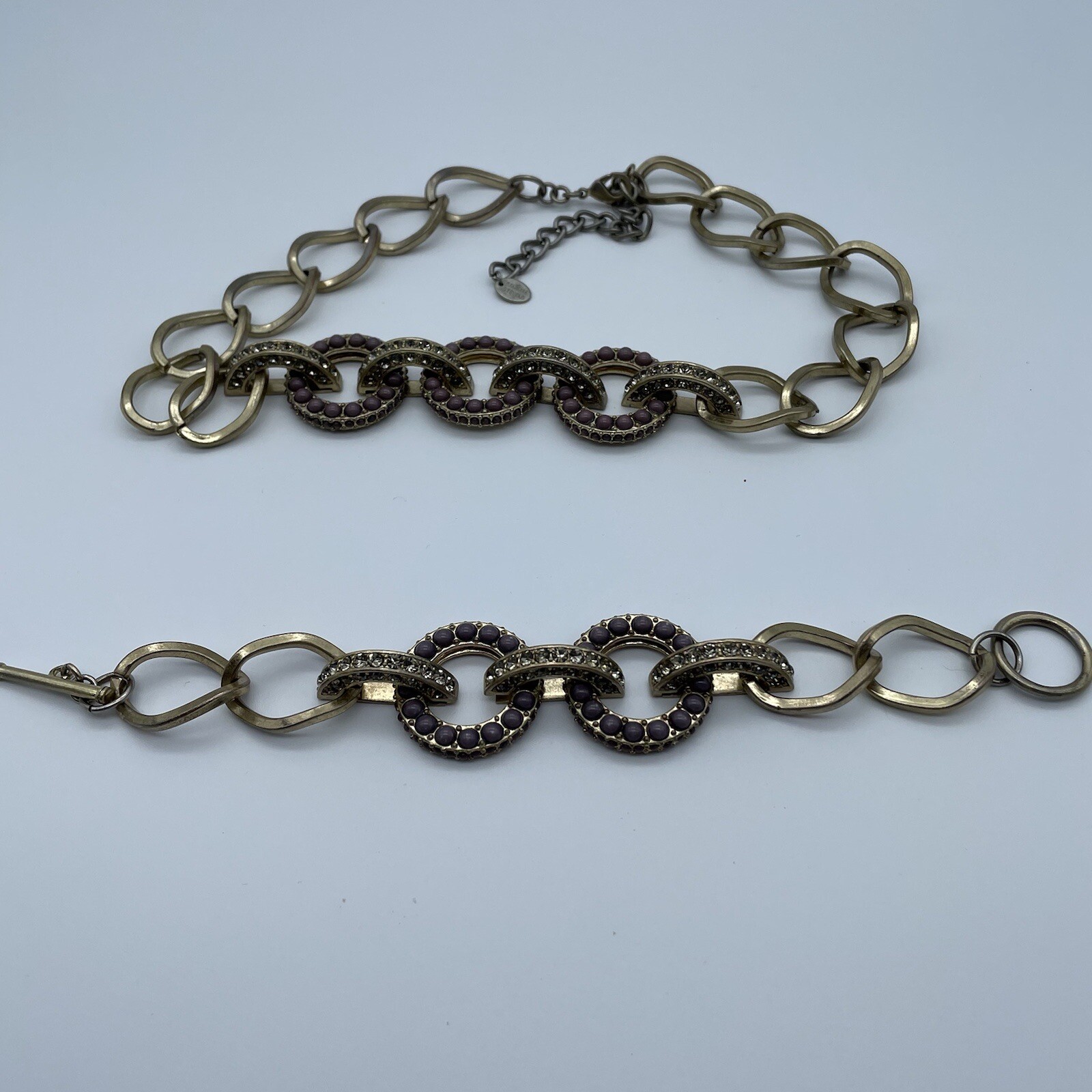 Vtg Danielle Stevens Brass Chain Purple Statement Chain Necklace Bracelet Set