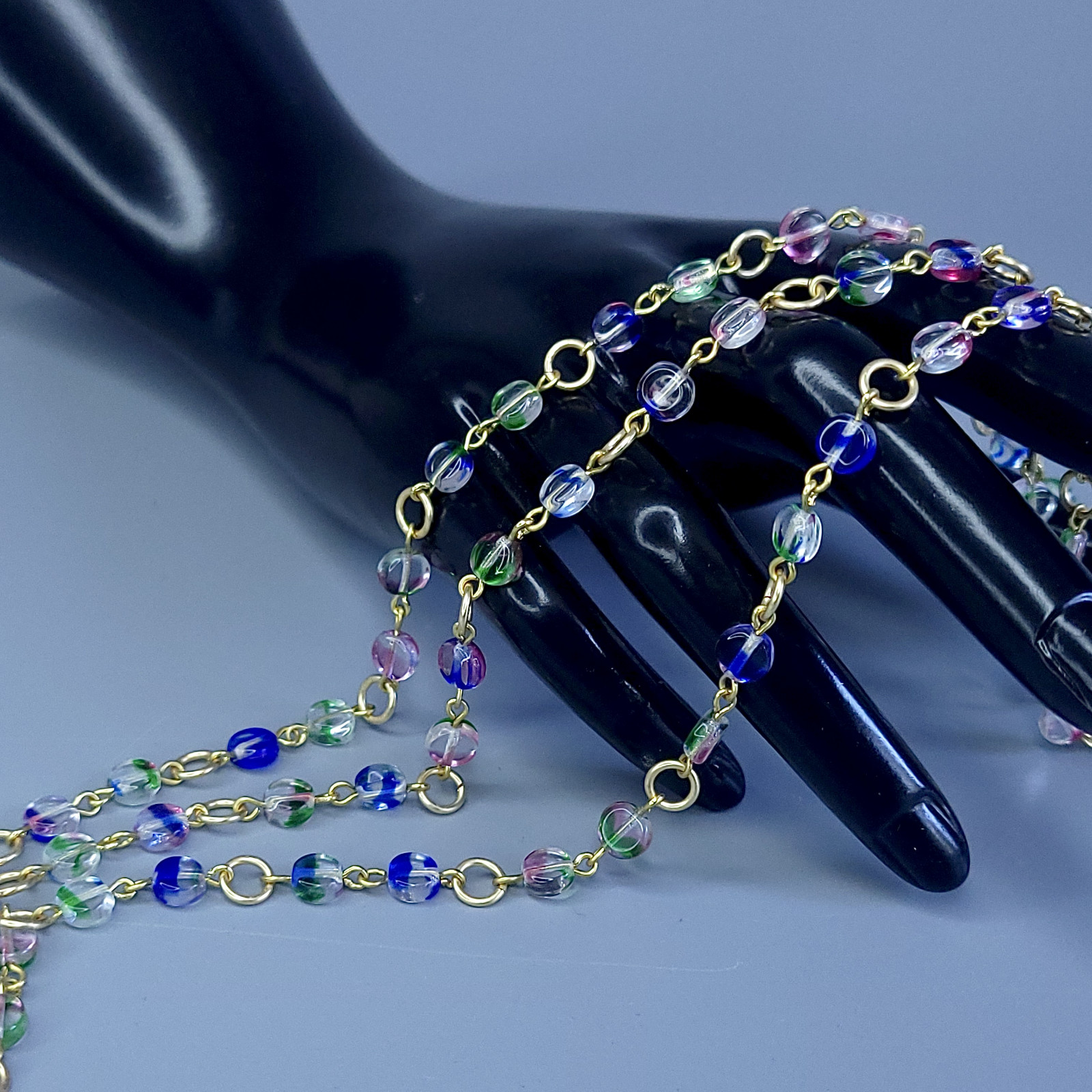 Iris Glass Necklace 22” Multicolor Czech Vintage Beads Women`s Jewelry