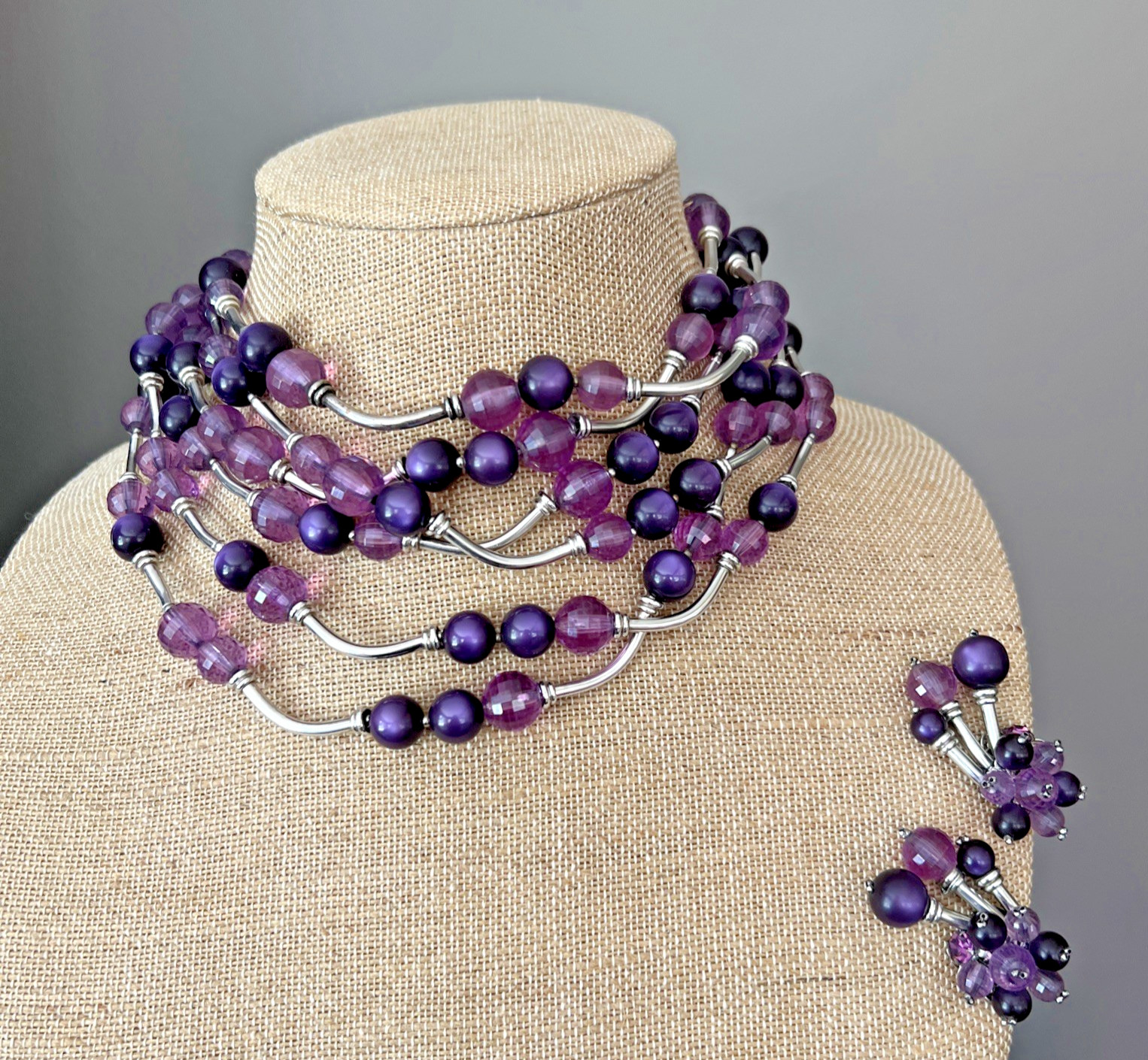 Vintage SIGNED DEMARIO AMETHYST & SILVER BEAD NECKLACE & EARRING SET / 6 STRAND