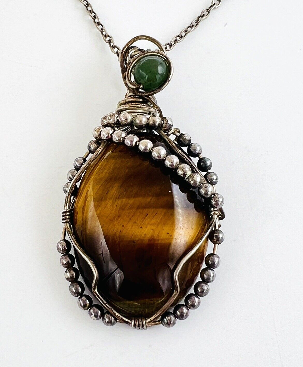 Vintage Sterling Silver Tiger’s Eye Jade Pendant Necklace