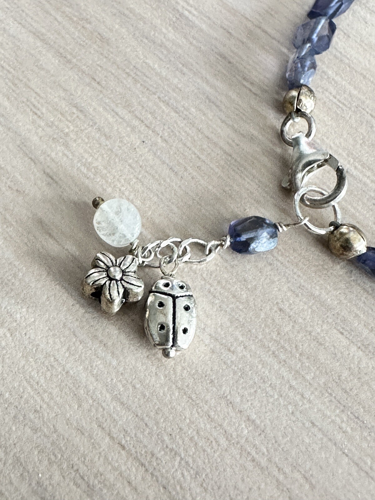 Sterling Silver Blue Iolite Beaded Bracelet 7 inch + 1 inch extender .925