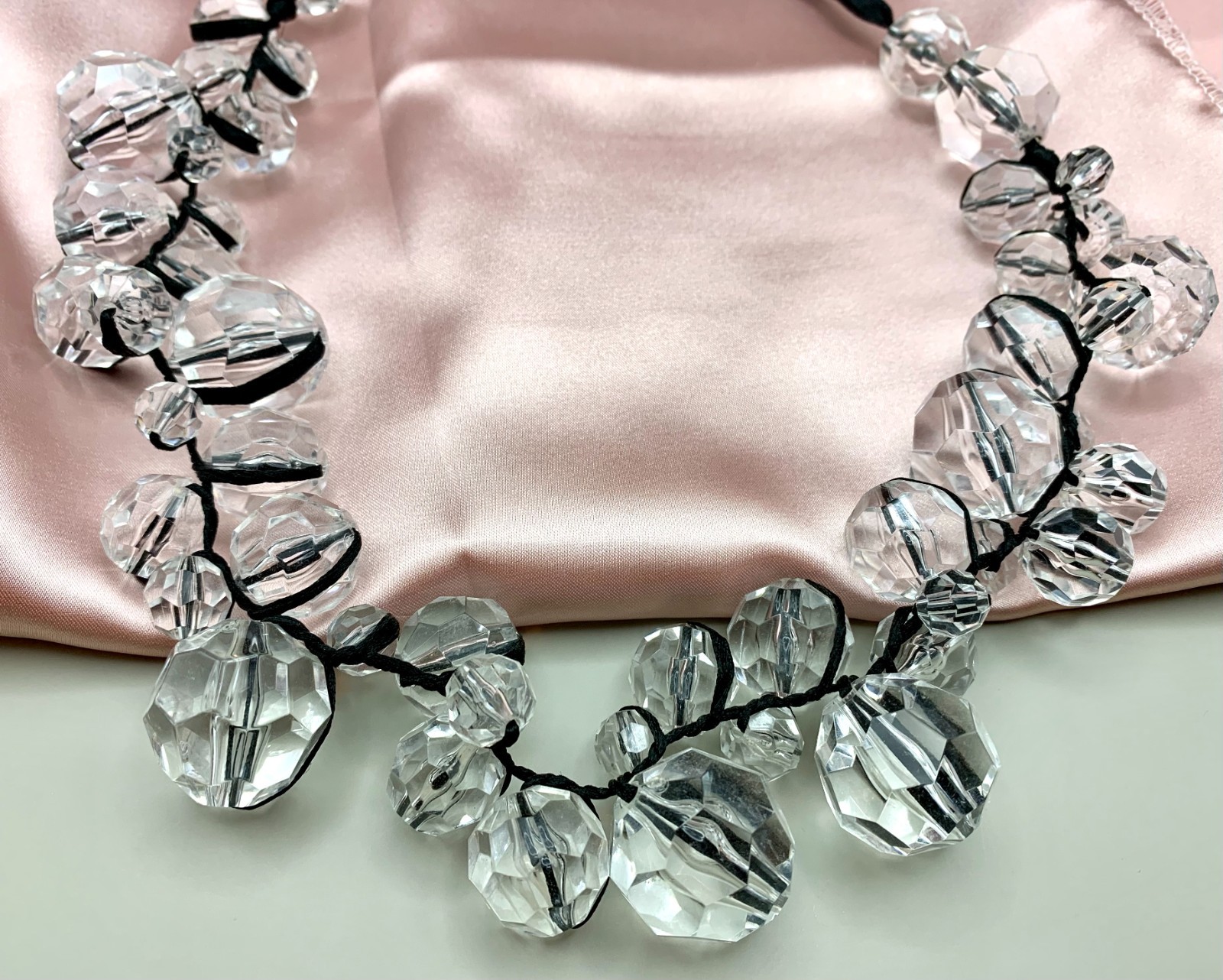 Faceted Clear Acrylic Beaded Cluster Necklace Black Satin Ribbon Statement Long