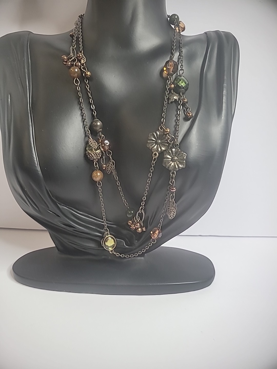 Vintage Bronze Tone Necklace Flowers Beads Leaves Flapper Jewelry Costume