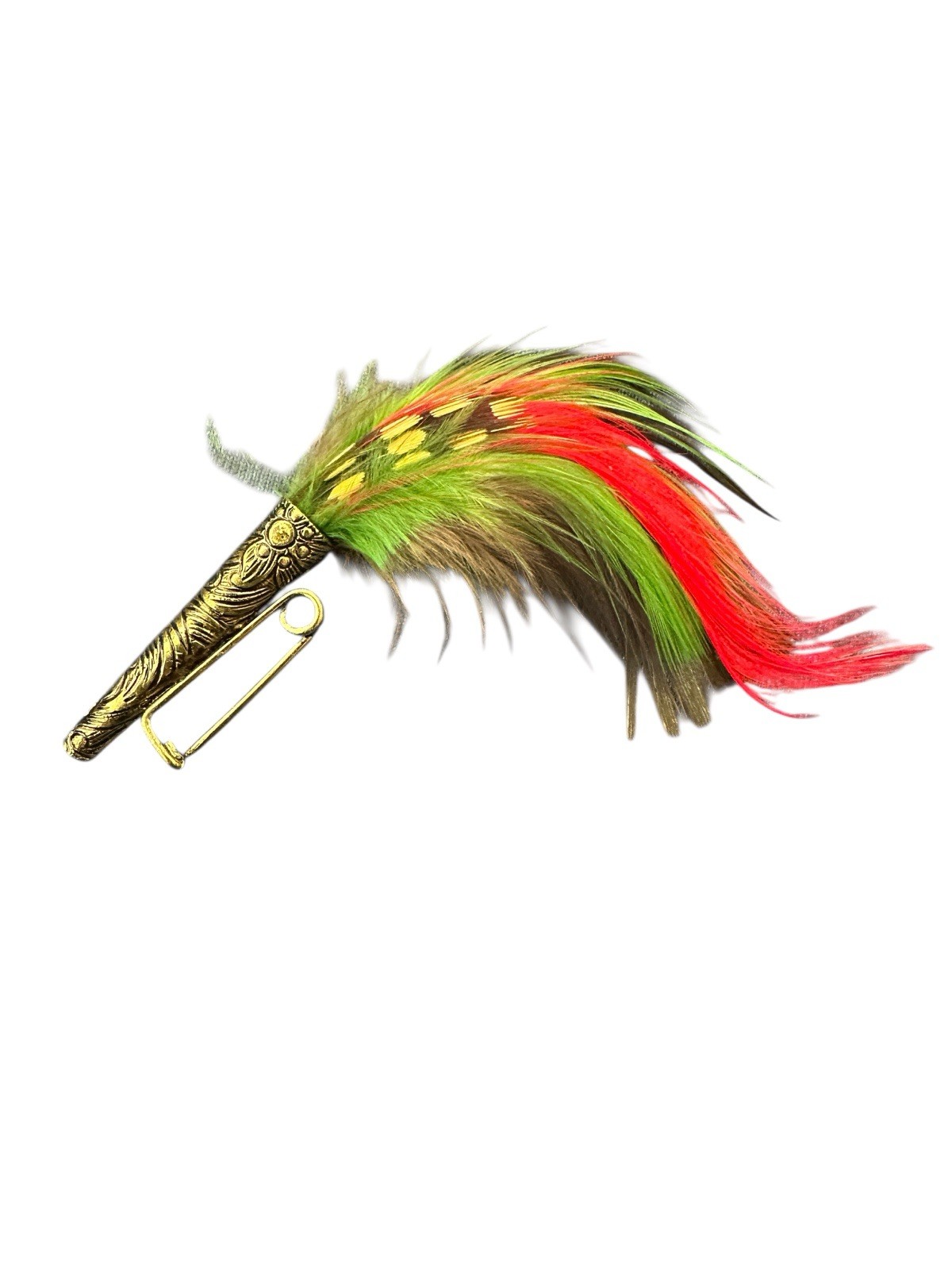 VTG Feather Hat Pin Brooch Green Red Gold Alpine Bavarian Tyrolean Oktoberfest