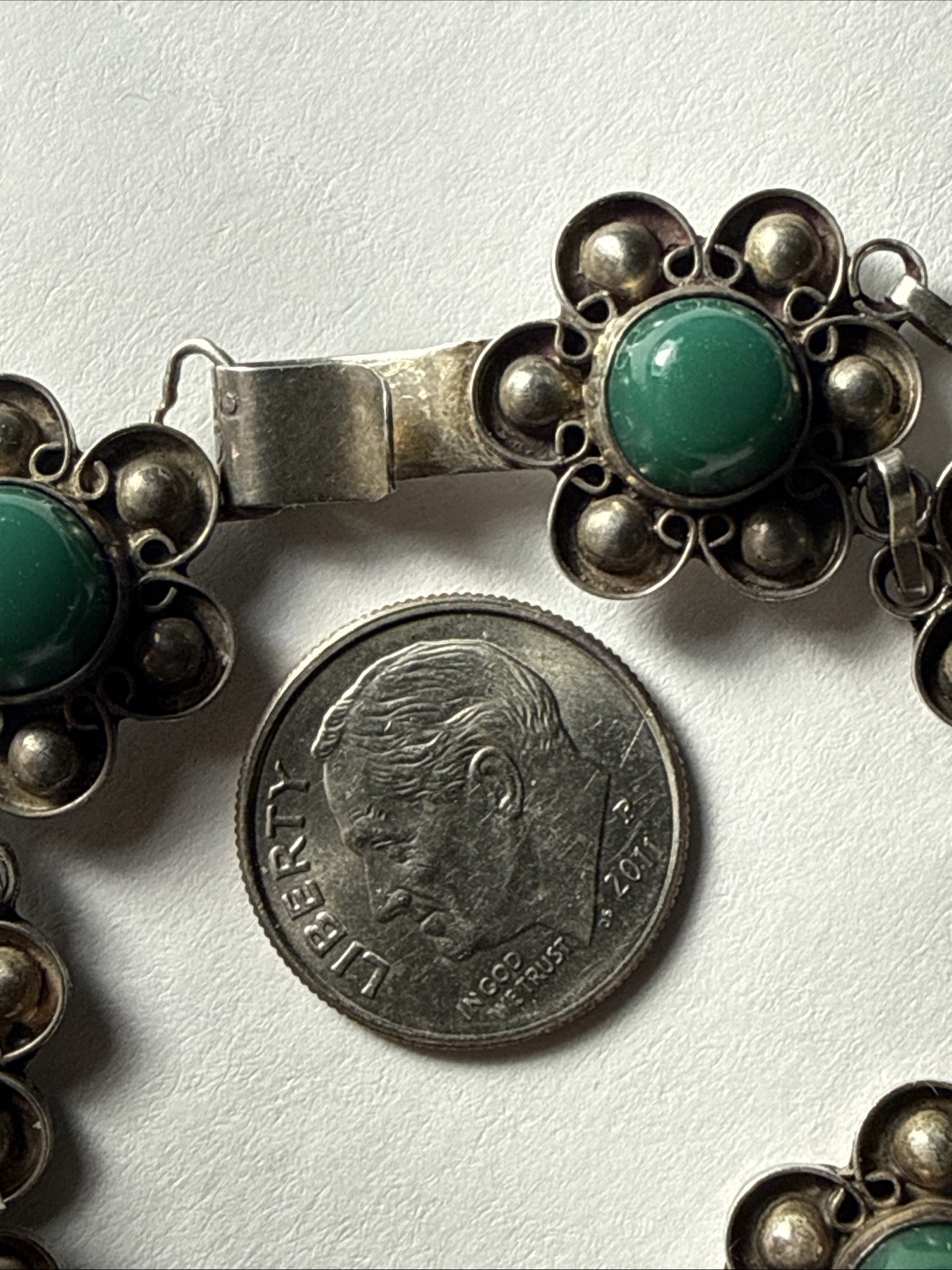 bracelet Taxco Mexico 980 Silver Better Than 925 Sterling Green Onyx Vintage 7.5
