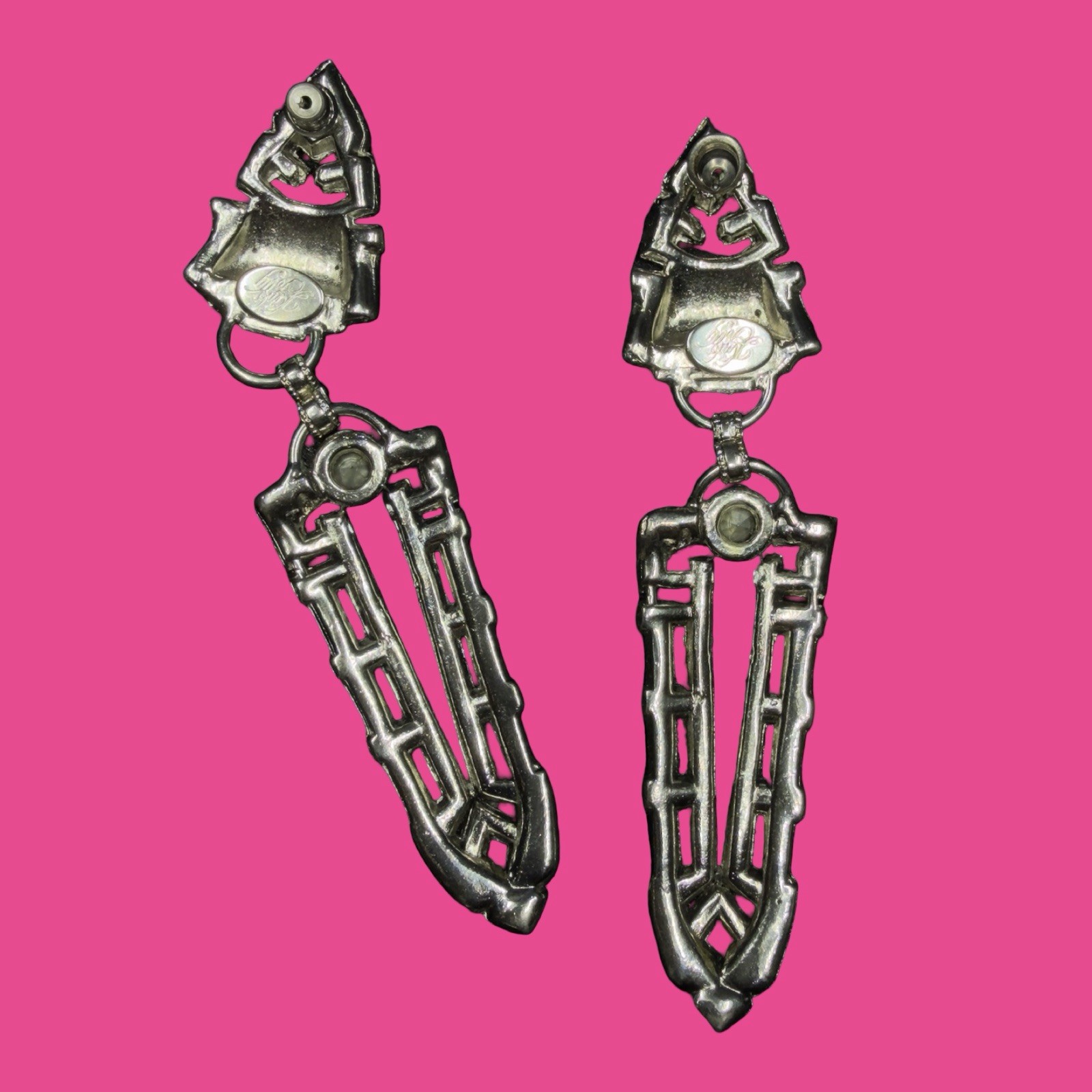 Vintage Signed▪️ KIRKS FOLLY Black Marcasite ART DECO Rhinestone DANGLE Earrings
