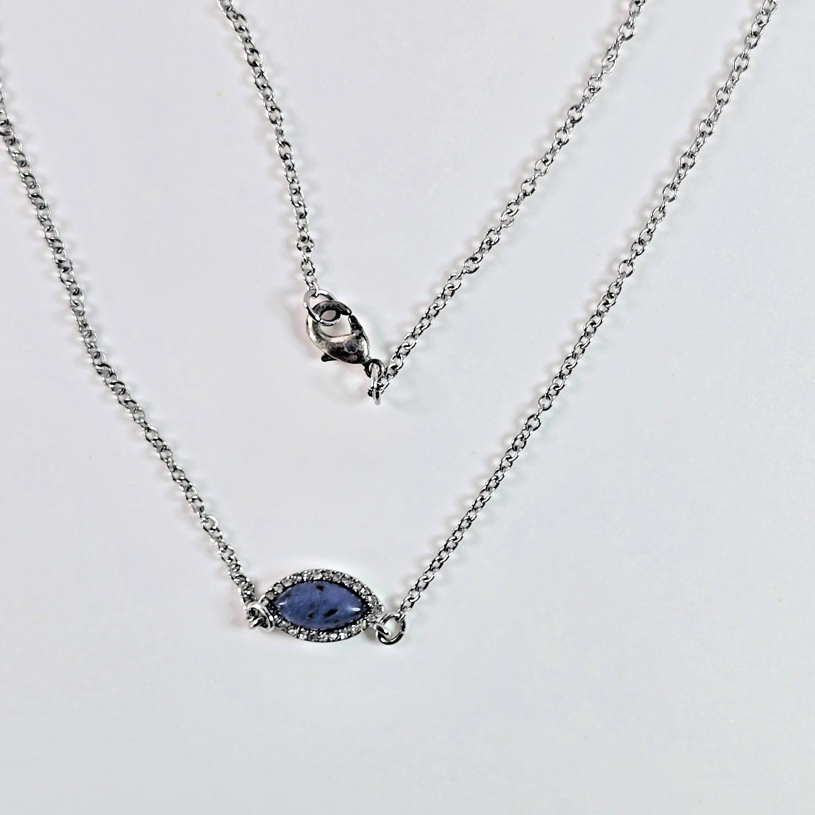 Vntg Blue Iolite Marquise Cabochon Necklace Silver Tone Pavé Rhinestone 18 In