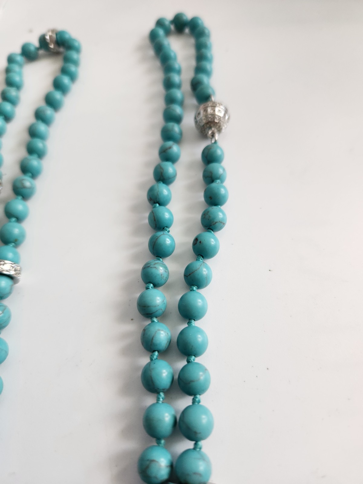 Vintage Genuine Turquoise Pave Rhines Hand Knot Necklace 50″ Mag Adjust 16 + 34