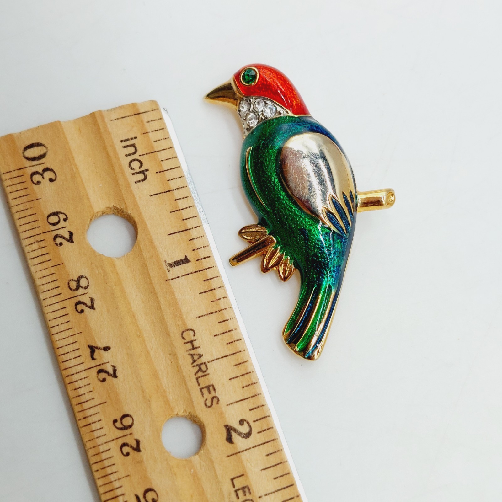 Parrot Brooch Pin Rhinestones Green Blue Enamel Vintage 1.5″