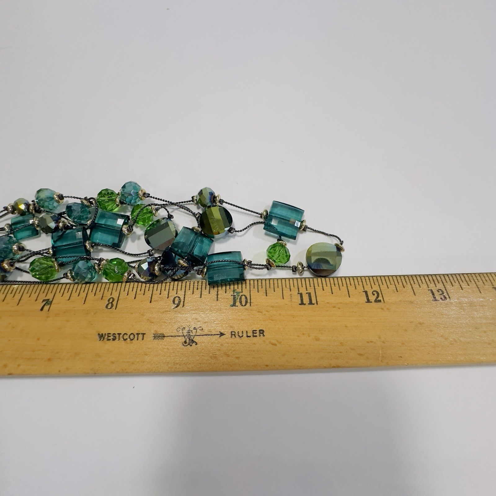 5 Strand Necklace Green Acrylic Glass Beads Black Wire Like Chain 11″ Faceted