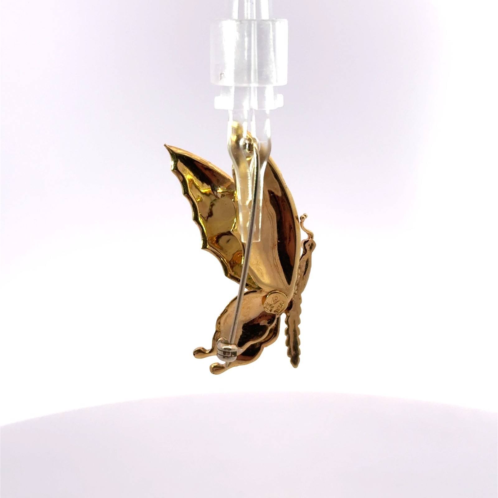 18k Stamped Yellow Gold White & Black Enamel Butterfly Brooch Pin