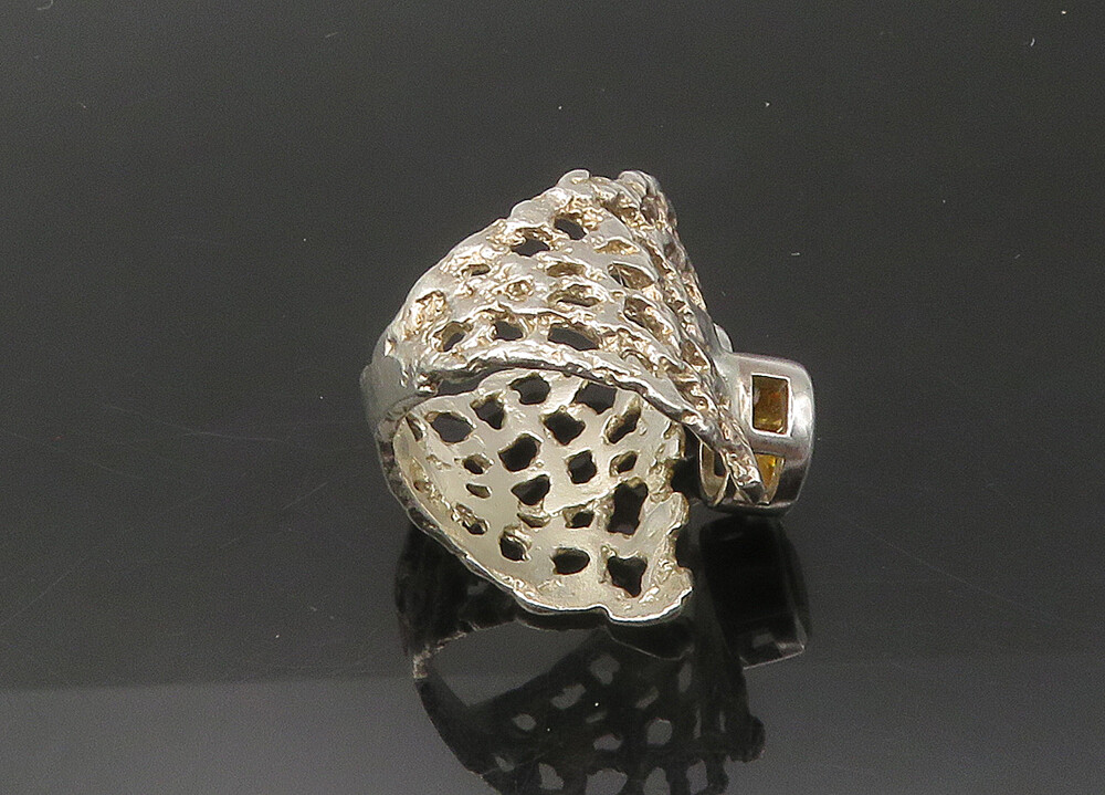 925 Silver Vintage Cubic Zirconia & Citrine Sculpted Band Ring Sz 8.5 RG22387