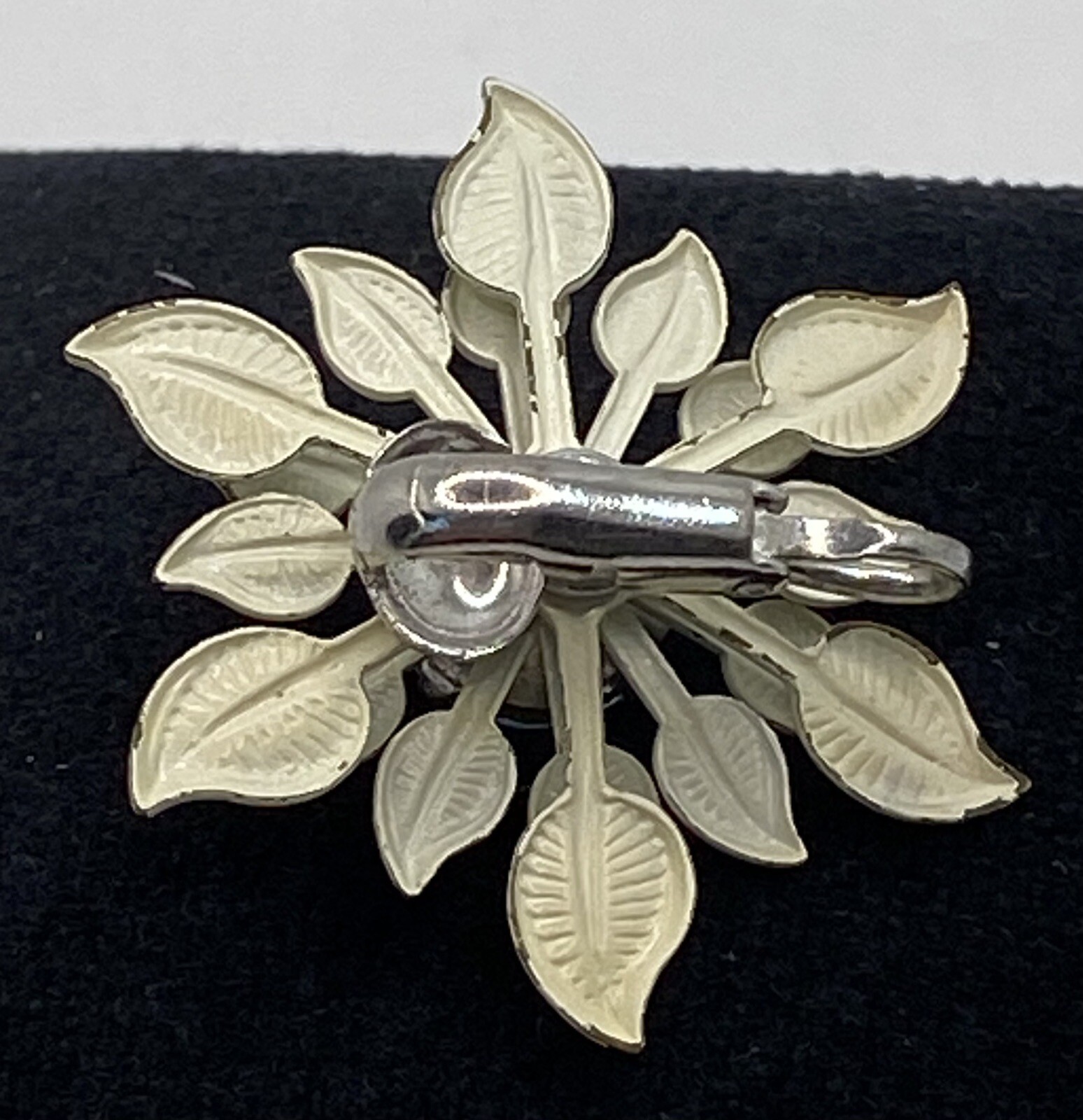 Vintage White Enamel Blue Topaz Rhinestone Flower Brooch & Clip-on Earring Set