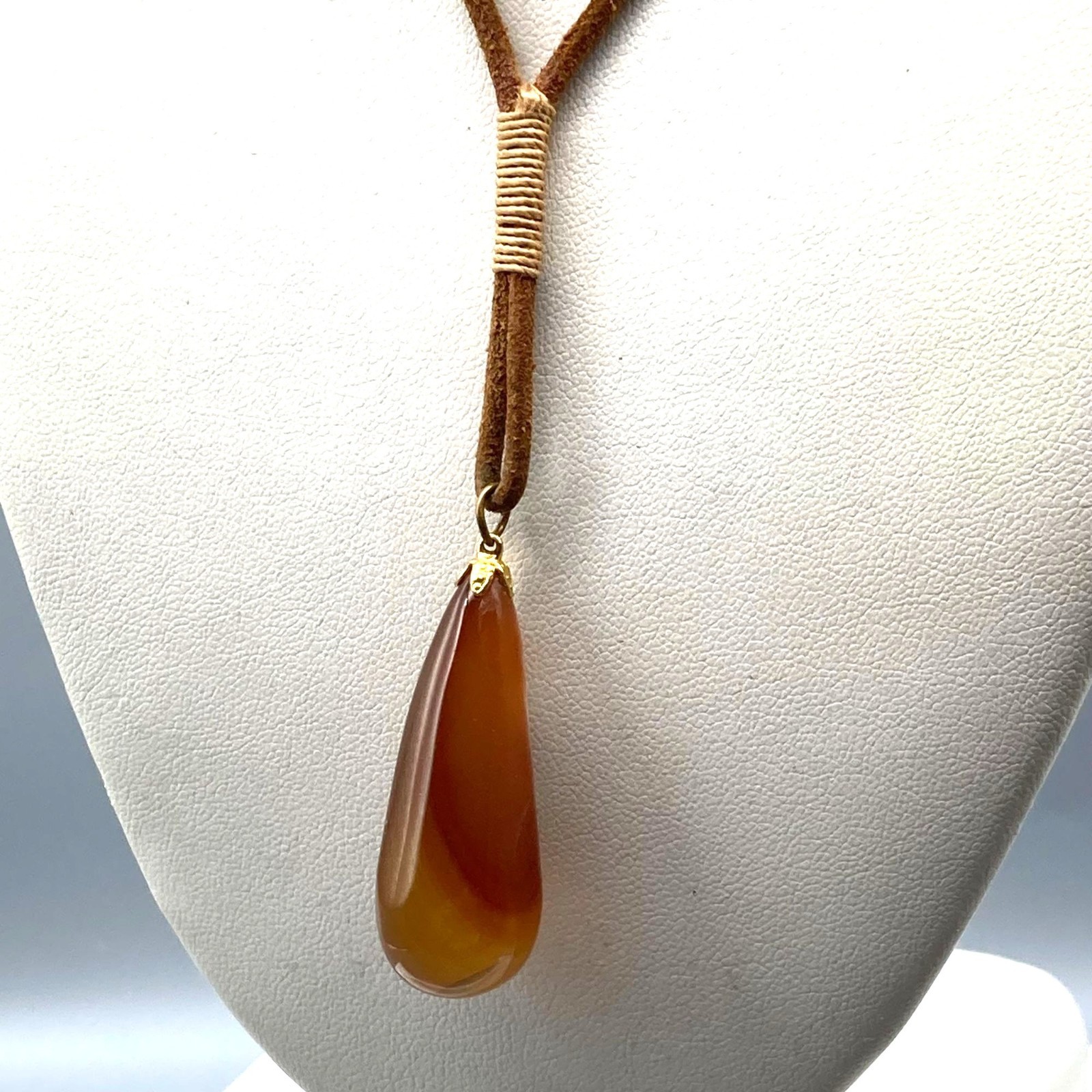 Vintage Carnelian Faceted Teardrop Pendant Necklace, Natural Polished Gemstone