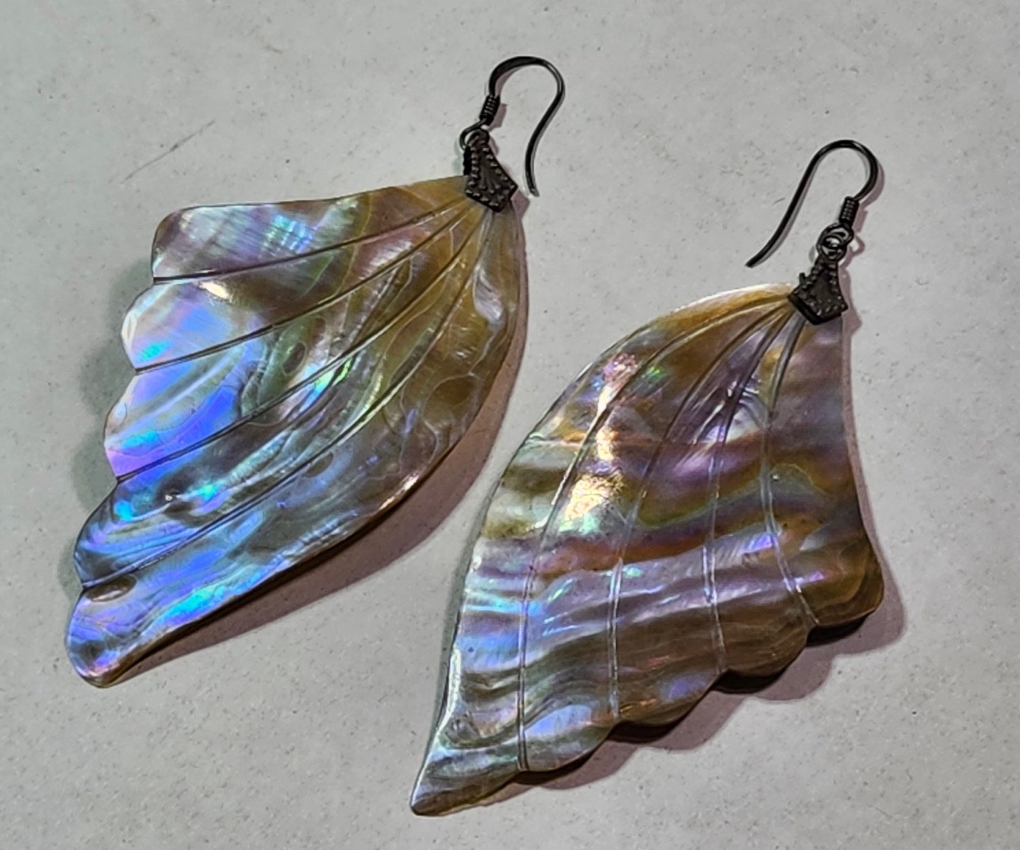 Vntg Sterling Silver Abalone Paua Fan Wings Dangle Drop Earrings Boho Fairy