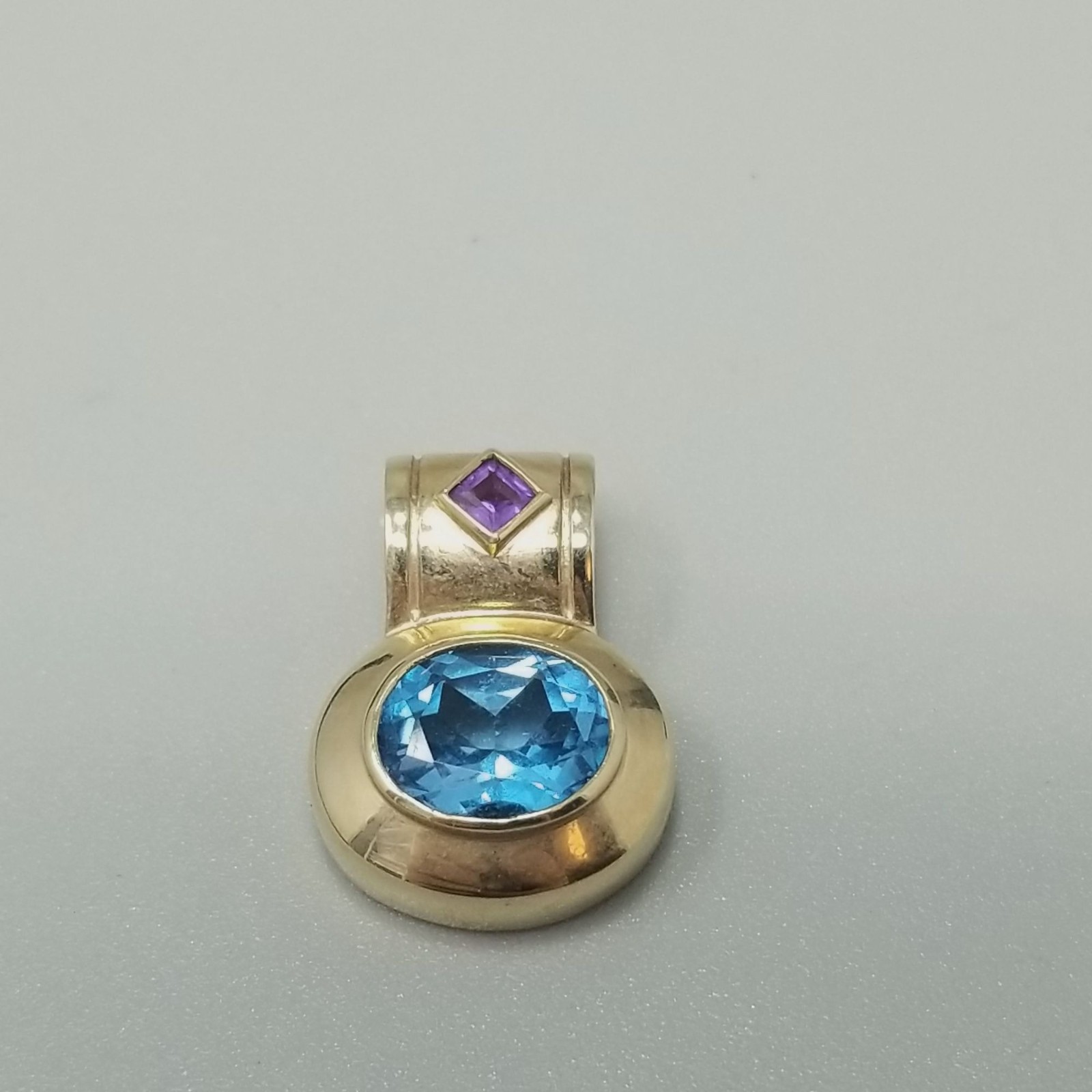 Vintage 14k Gold Oval Blue Topaz Pendant Large Slide Bail December Birthstone