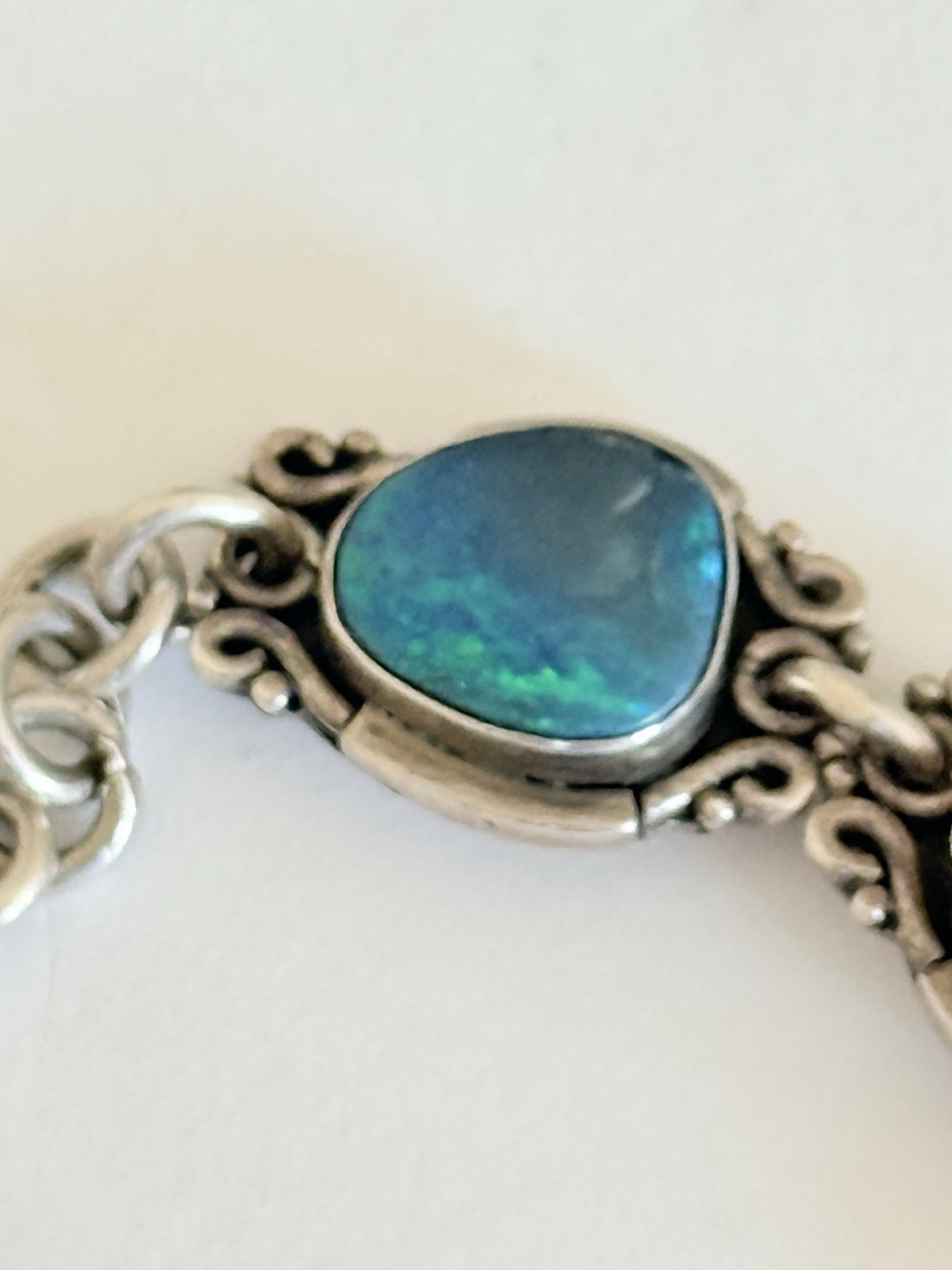 Vintage Sterling Silver Blue Australian Opal Link Bracelet 7”
