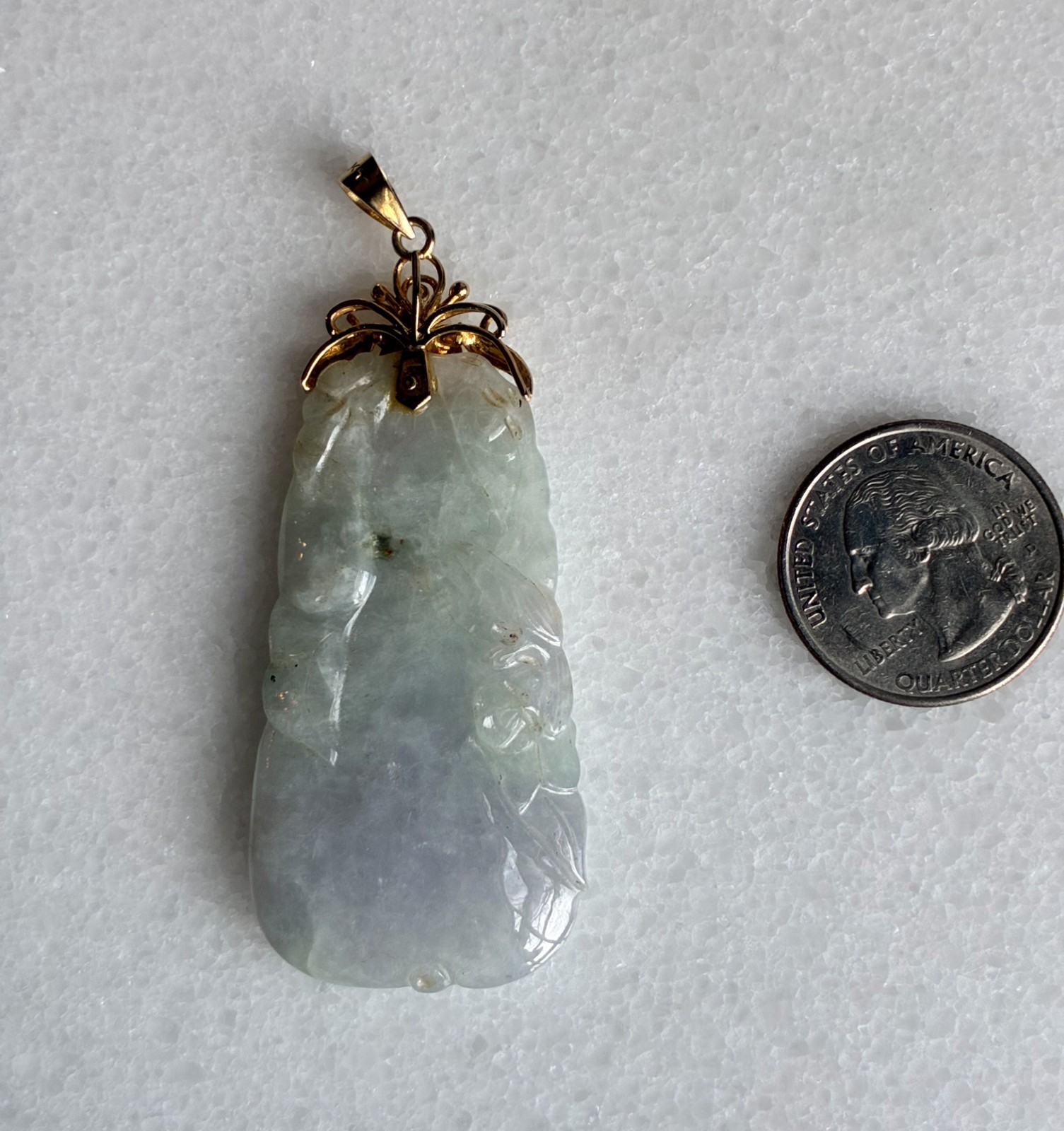 VTG Large Carved Jade Jadeite Pendant 14K 585 Gold Fancy Mount & Bail~ 2 3/4″
