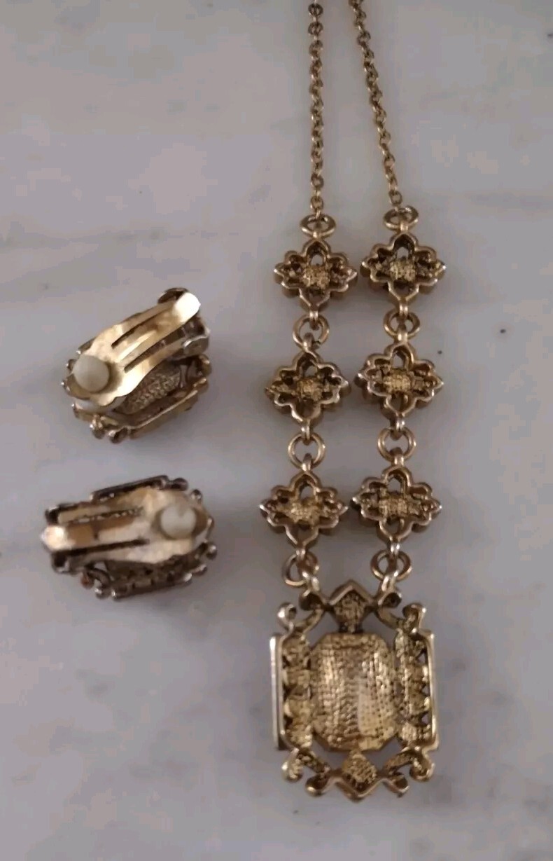 Vintage Necklace And Clip Earrings Set Honey Amber Colored Stones Rhinestones