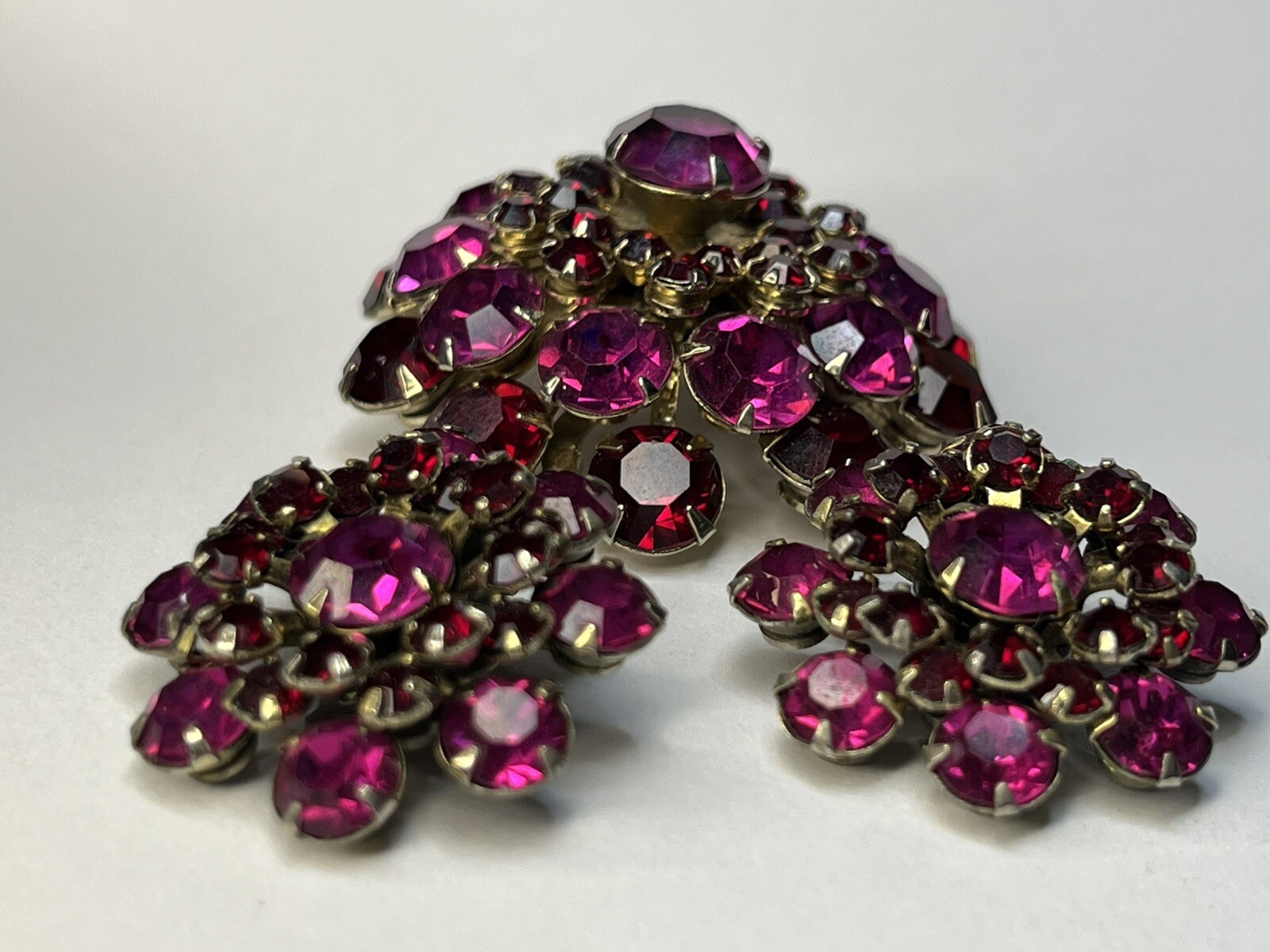 Vintage Rhinestone Dome Brooch Crystal Fuchsia Pink Red Garnet Layered Earrings
