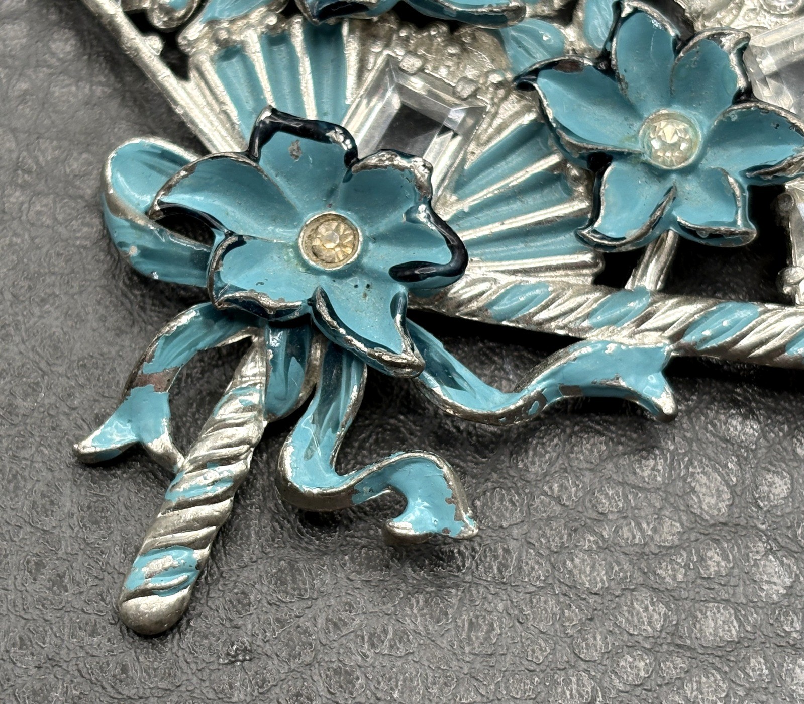 Vintage HUGE Deco Pot Metal Blue Enamel Flower Fan Ribbon Brooch Pin