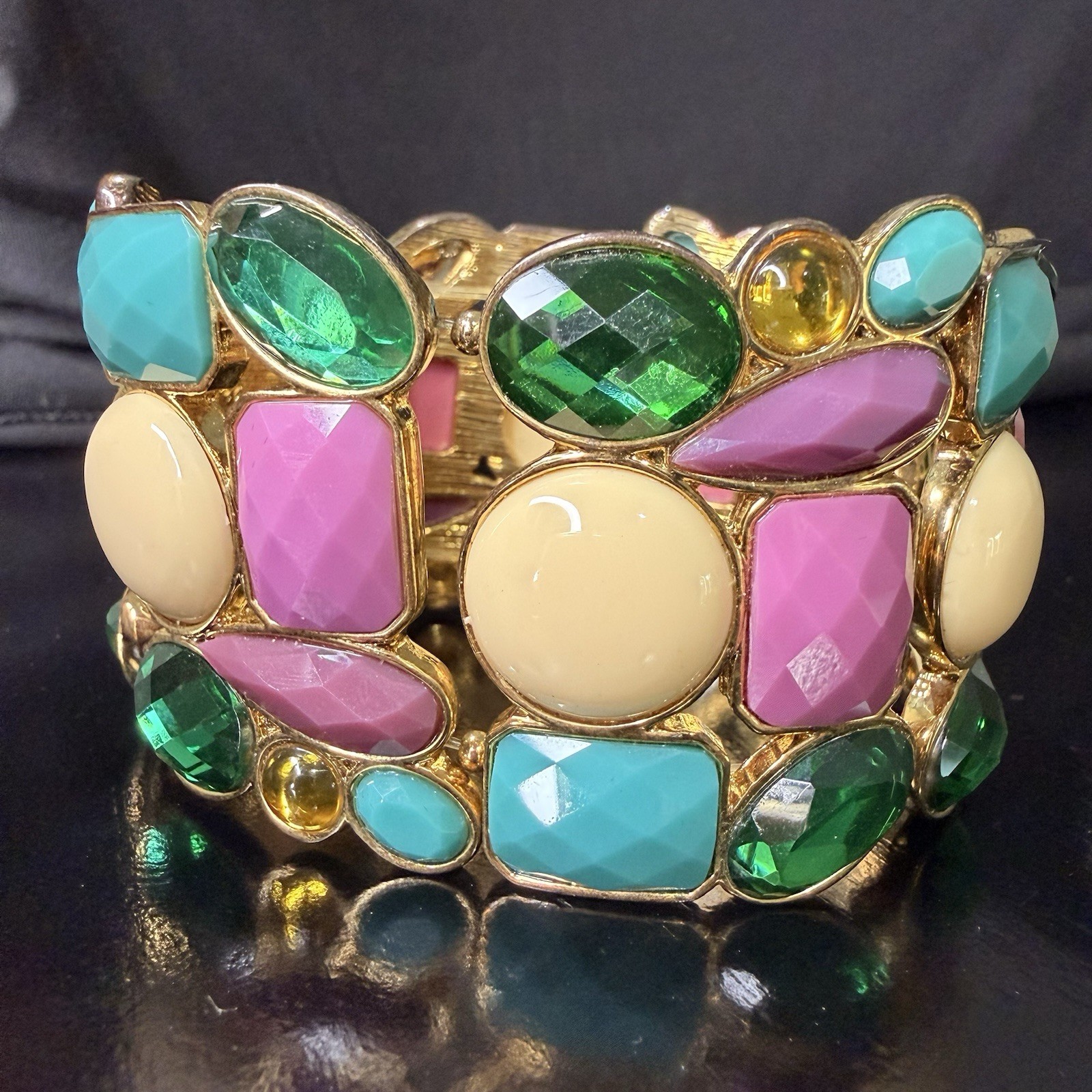Vintage Gold Tone Faux Cabochon Bracelet Multicolor Ornate Linked Panels A1