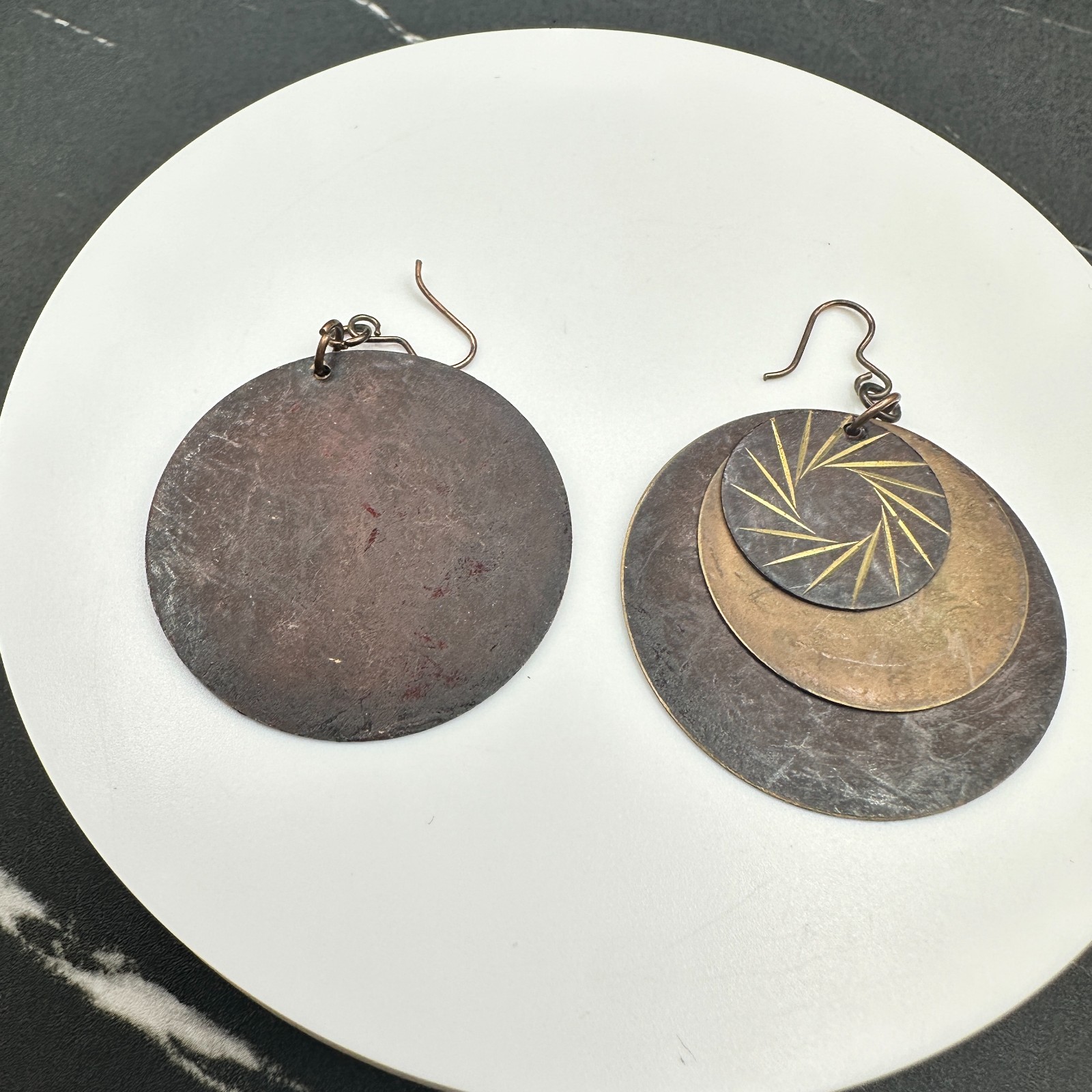 Vintage Brown Copper Layered Eyes shape Disks Dangle Earrings with 3 Disks 2 in