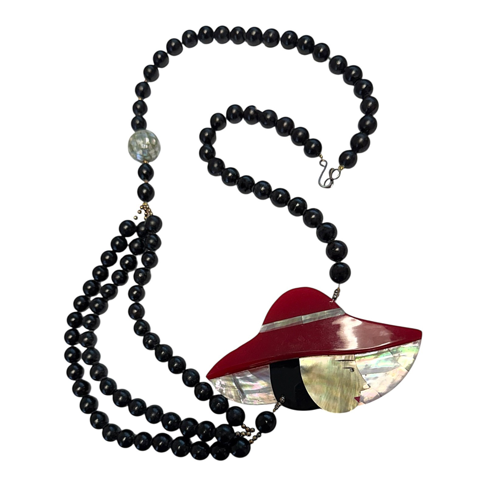 Vintage Lee Sands LS Inlaid MOP Lady in Red Hat Necklace Black Beads 13″ Figural
