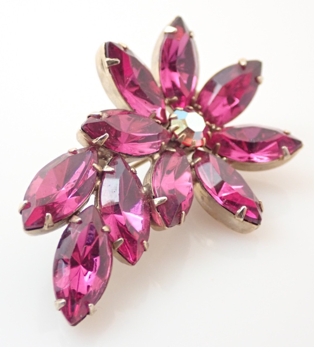 Vintage Pink Rhinestone Blooming Flower Cluster Prong Set Brooch Pin