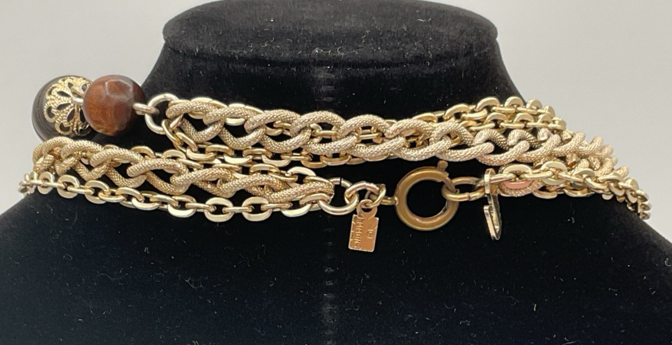 Emmons Goldtone Aluminum Chain Wood Bead Necklace 48″ NICE Fast Free Shipping!