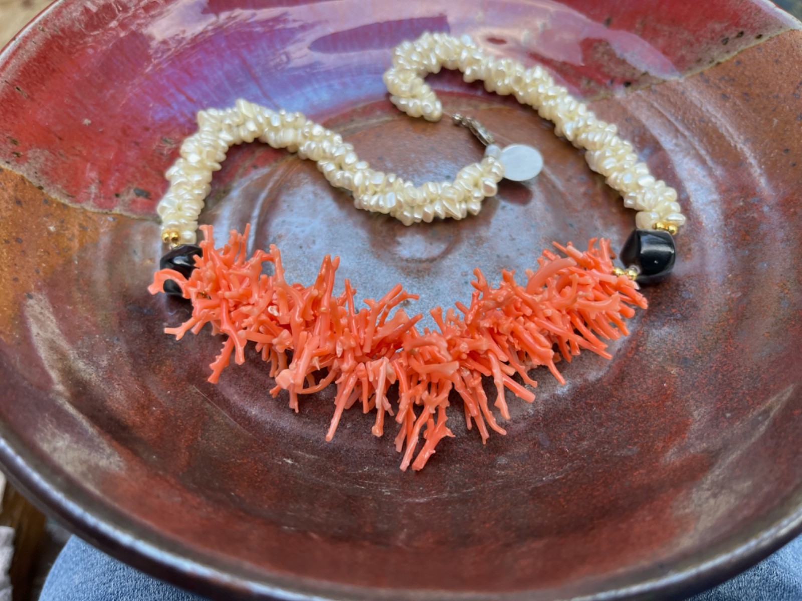 VINTAGE Faux Branch Coral & Fresh Water Pearl Cluster Statement Choker Necklace