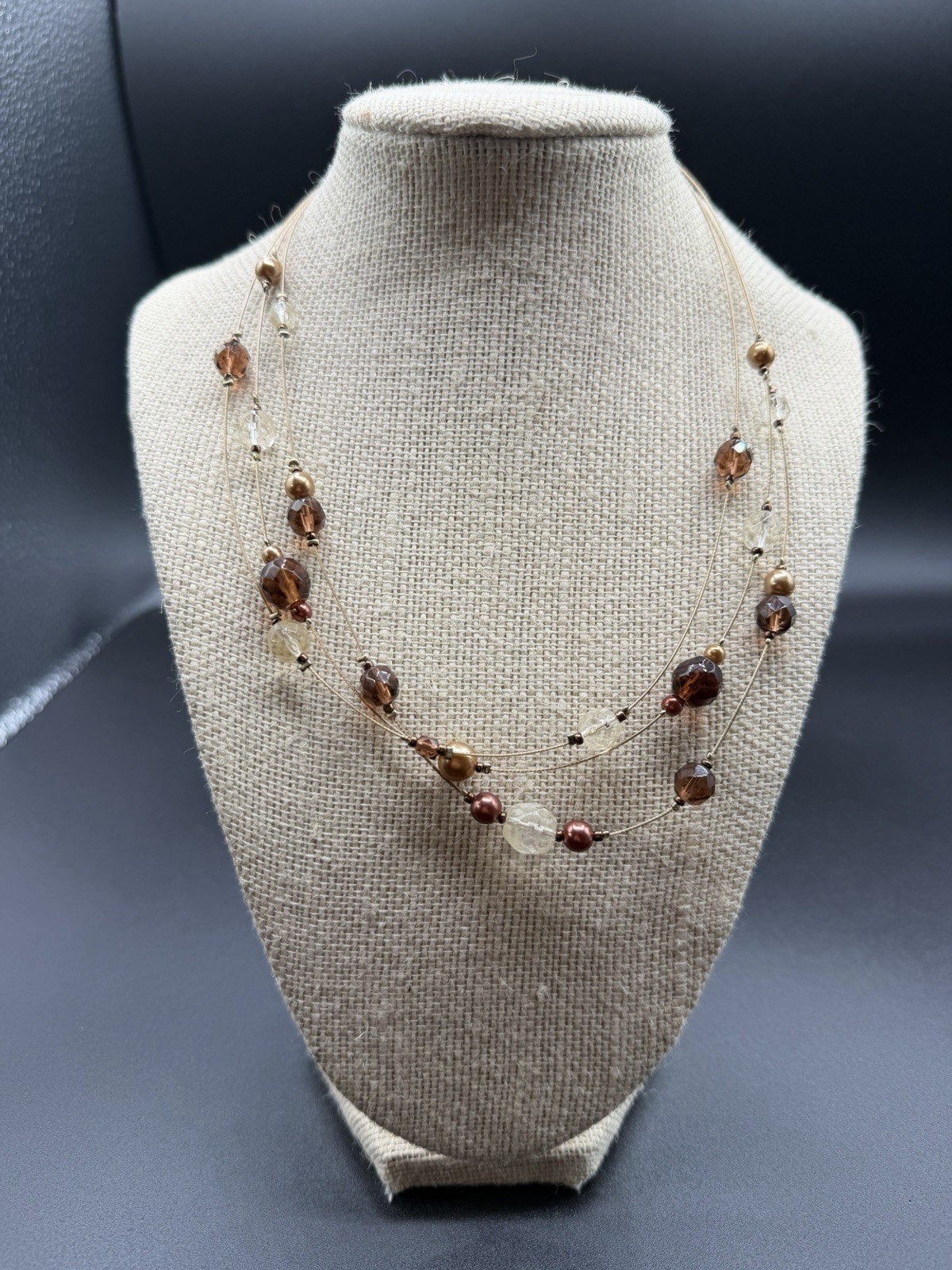Vintage Lia Sophia Necklace Floating Wire Beaded Earth Tone AB Crystals Necklace