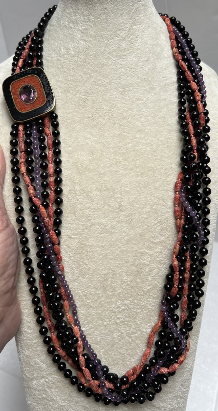 Vintage Celia Sebiri Black Agate Coral Amethyst Multi Strand Long Necklace 28”