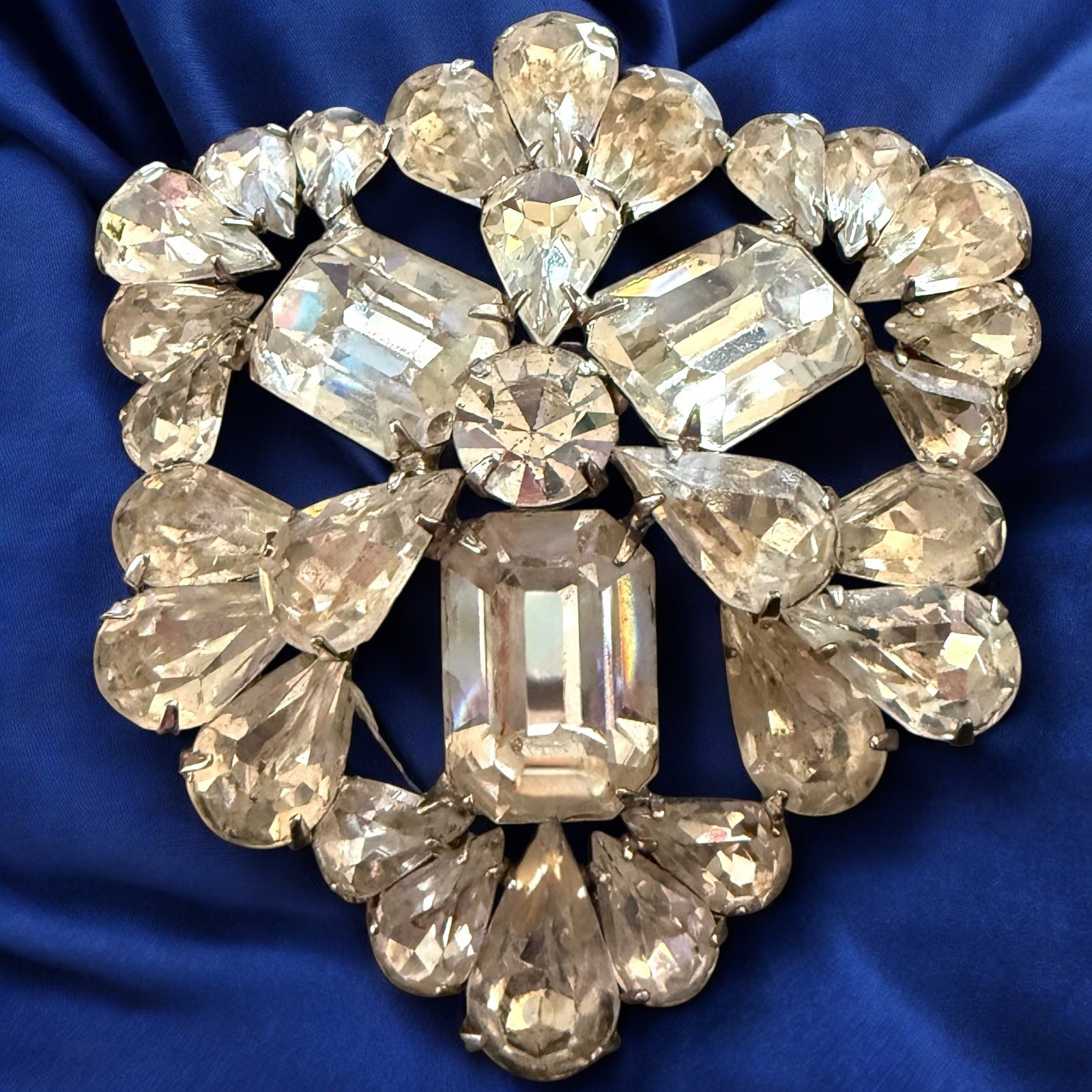 Extra Large Rhinestone Brooch Pin Mid Century Floral Spray Clear Rhodium Plated