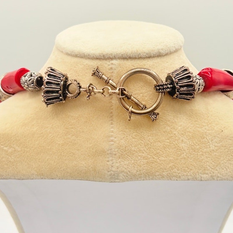 Genuine Coral Nugget Necklace with Silver‑Tone Artisan Spacers