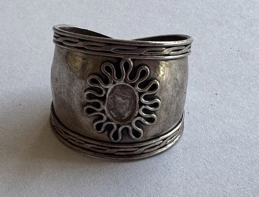 Sterling Silver Wide Cuff Ring Sunburst Cabochon Stone Statement Ring Vintage