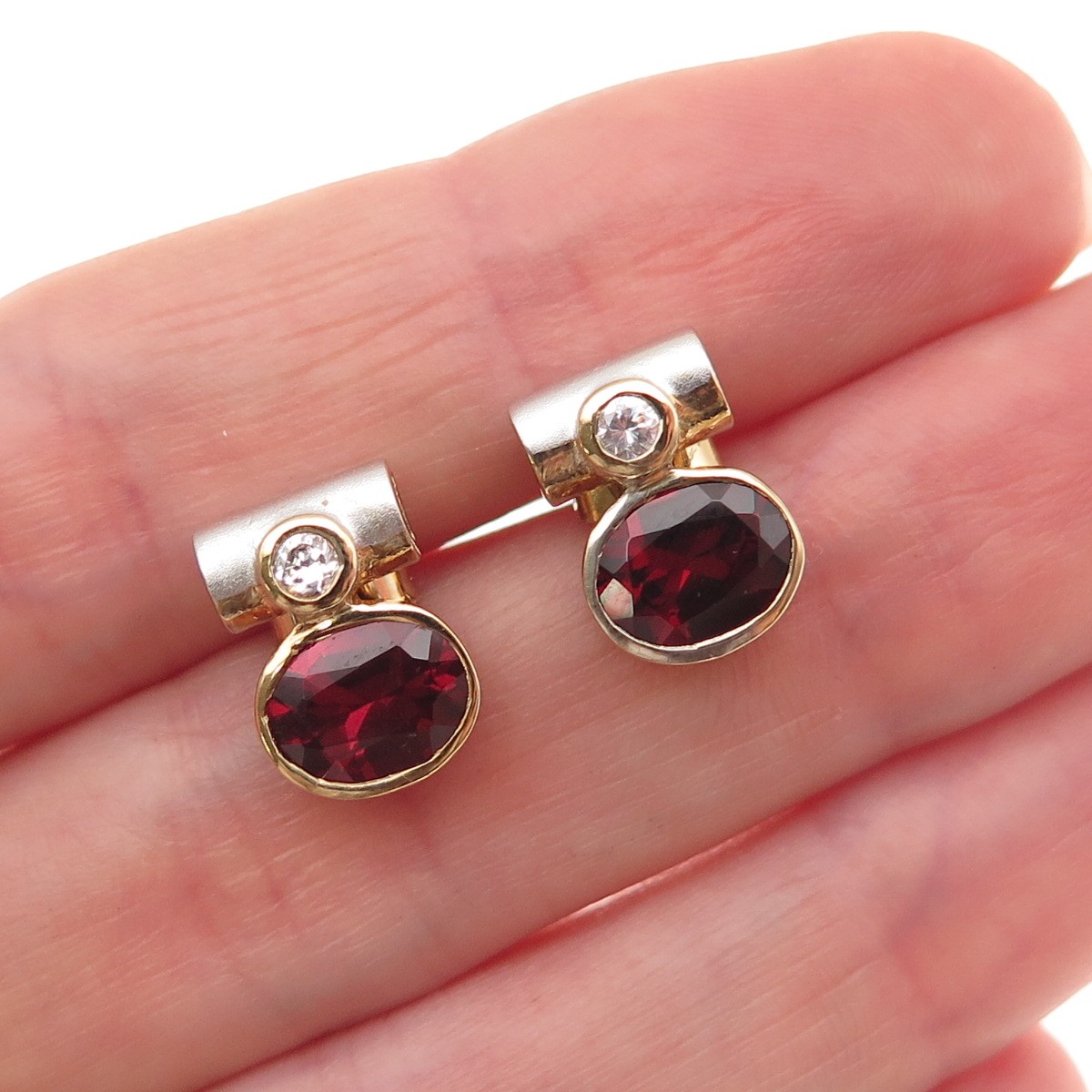925 Sterling Silver 2-Tone Vintage Real Red Garnet & C Z Modernist Stud Earrings