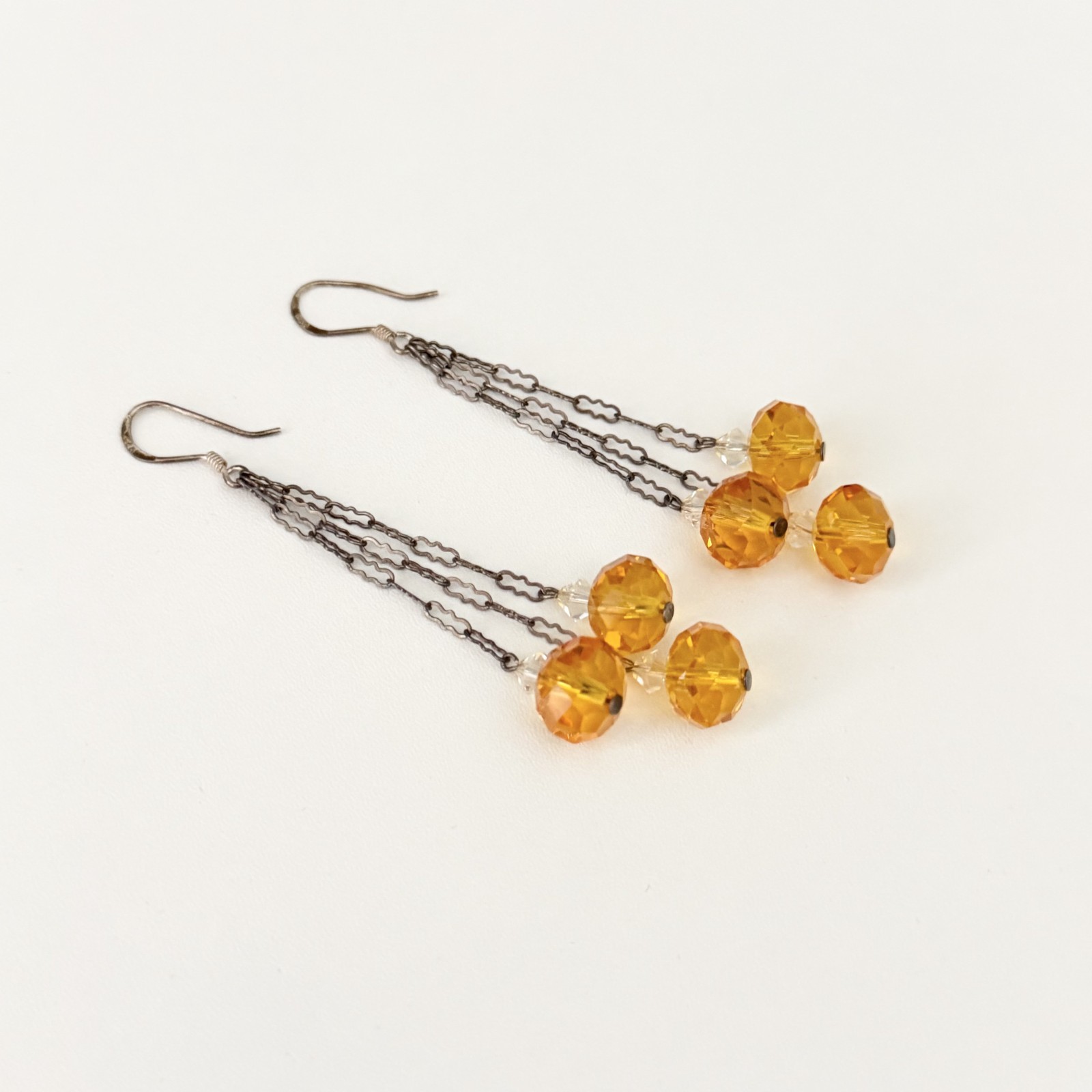 Vintage 925 Sterling Silver Antique Orange Crystal Chandelier Dangle Earrings