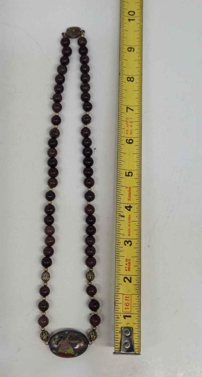 Dragon Vein Agate Bead W/ Cloisonne Enamel Pendant Necklace 18″ Sterling Clasp