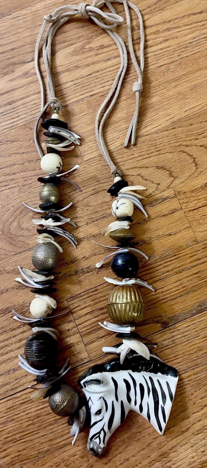 Boho Tribal Zebra Necklace Safari Statement Beaded Suede Cord Adjustable Chunky