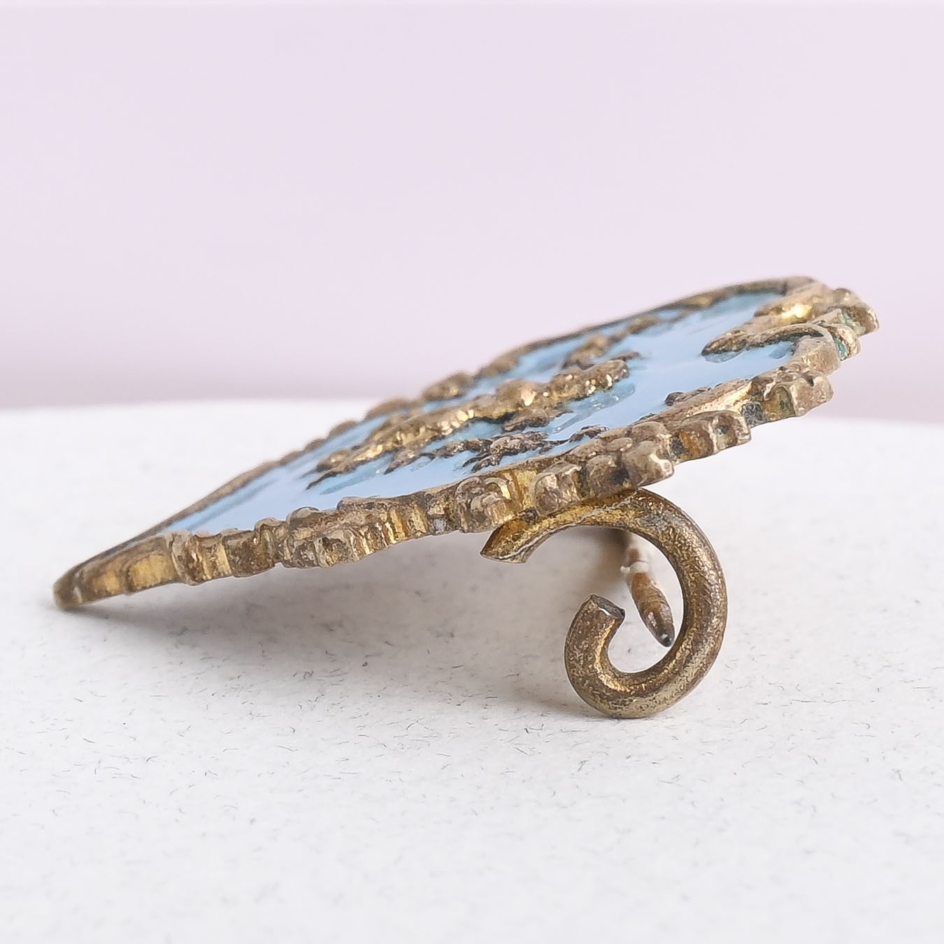 Antique Victorian Rococo Angel Putto HEART Blue Enamel Brooch Pin