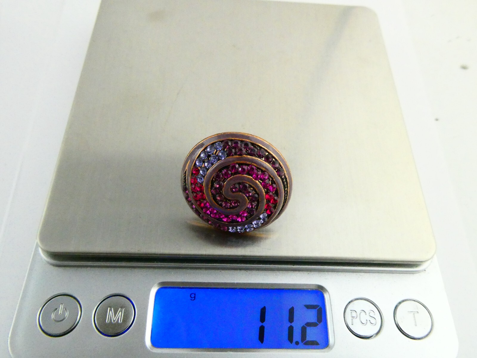 Copper Tone Metal Rhinestone Studded Spiral Adjustable Ring Size 7.5 11.2 Grams