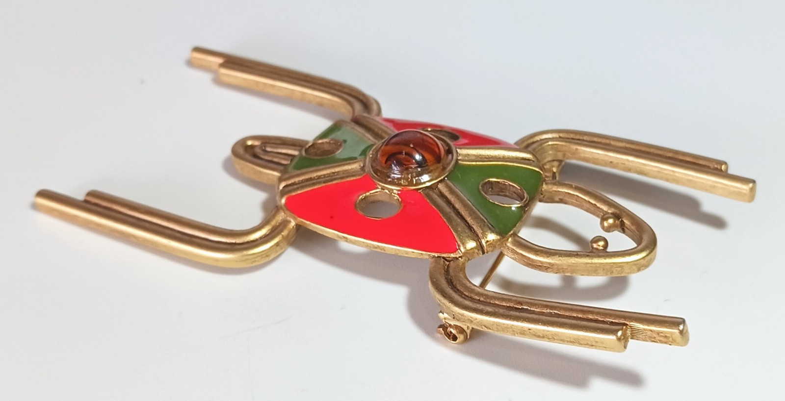 Vintage Gold-tone Insect Bug Brooch w/ Enamel Body & Translucent Cabochon