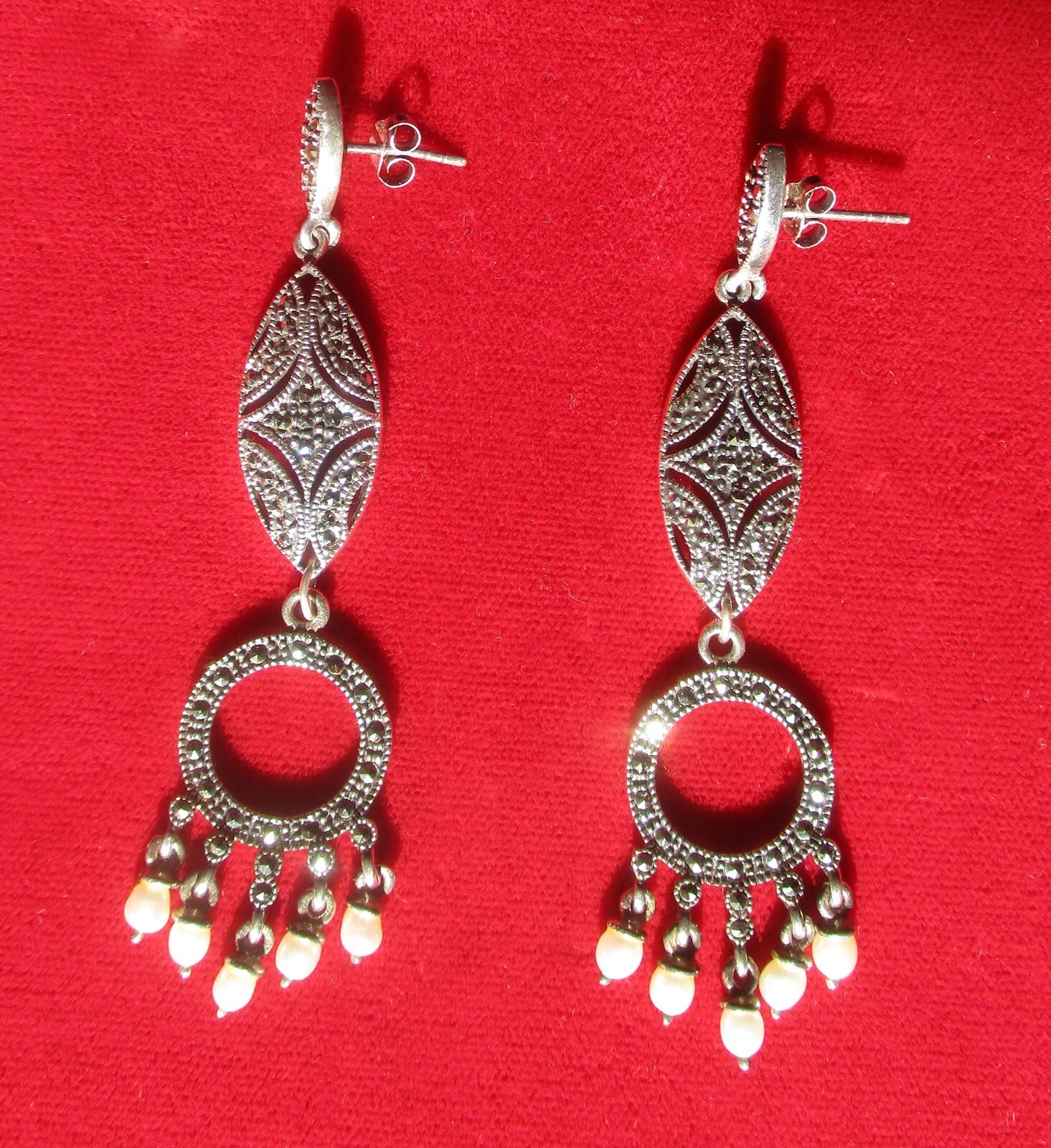 Pair of Vintage Sterling Silver & Marcasite Earrings With Pearls/Boho/Hippie/
