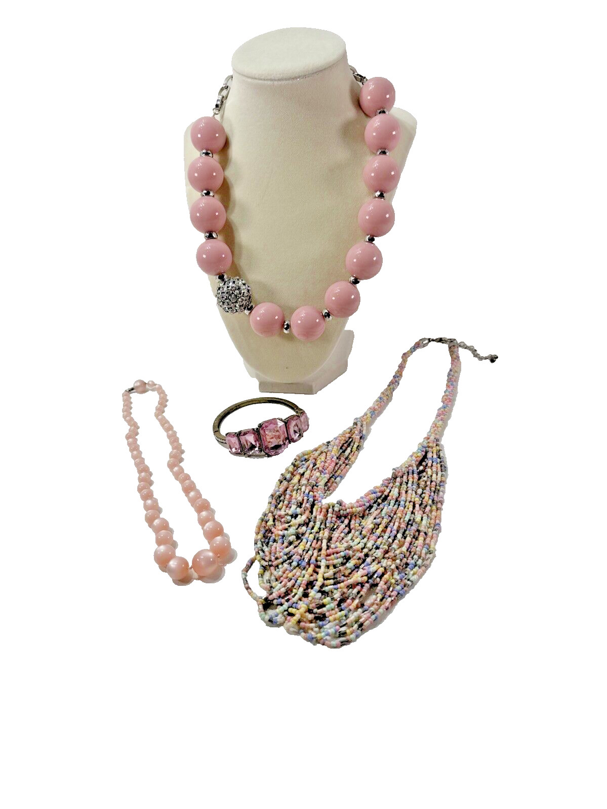 Beautiful Vintage Estate Lot 3x PINKS Beaded/Metal Necklaces & Bracelet