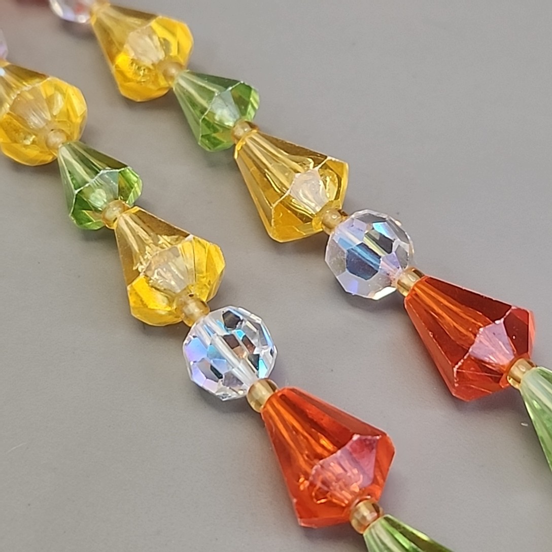 Vintage Plastic Beaded Necklace West Germany Orange Green Yellow AB Glass 20″