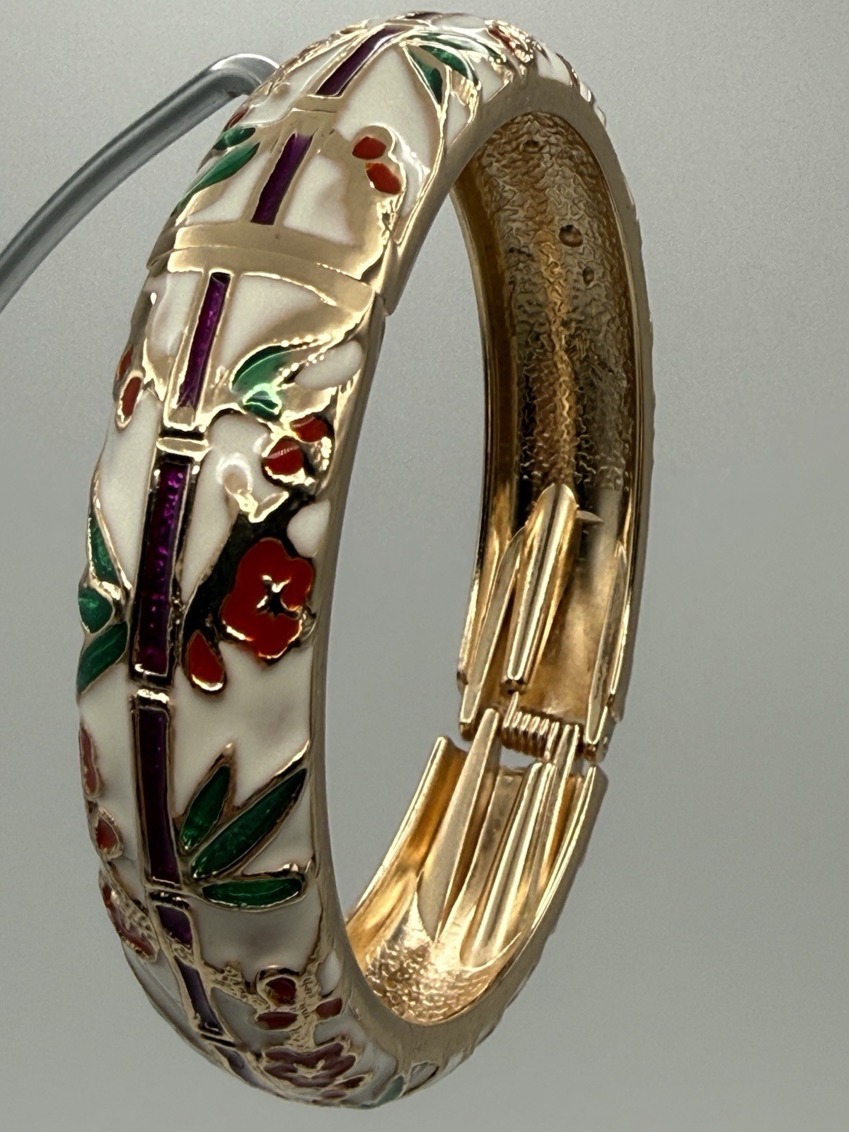 Jiu Long Xing- Red, Green, White, Purple Enamel Hinged Bangle Bracelet- Signed